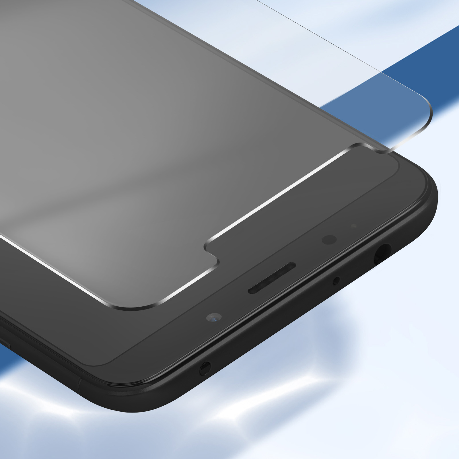 Uno smartphone con una protezione per lo schermo applicata. Il telefono è nero e la protezione trasparente. Sfondo blu e bianco.