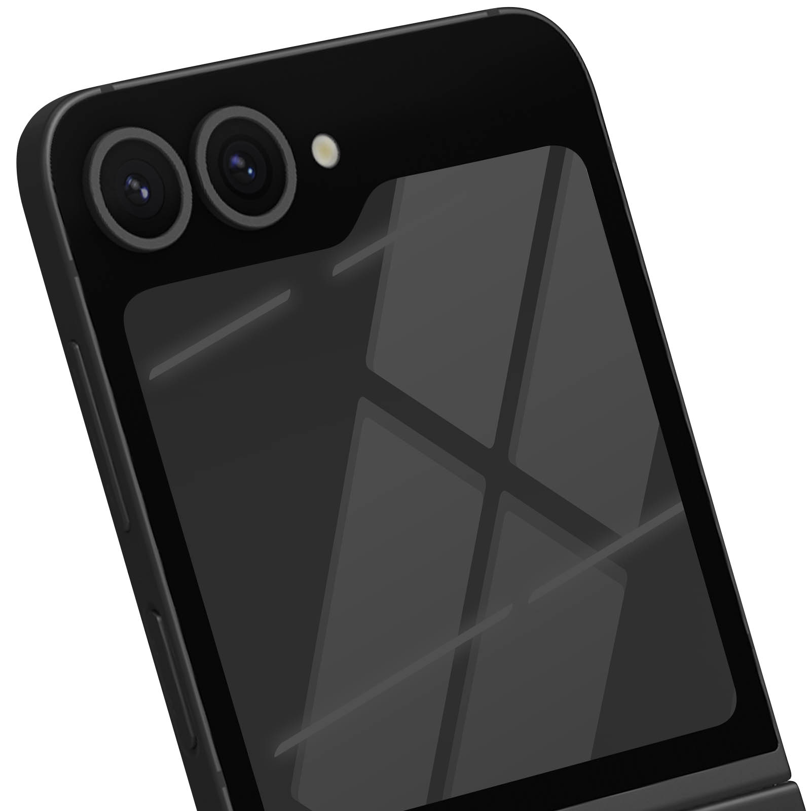 Primo piano di uno smartphone nero. Sono visibili due obiettivi, un flash e uno schermo lucido.
