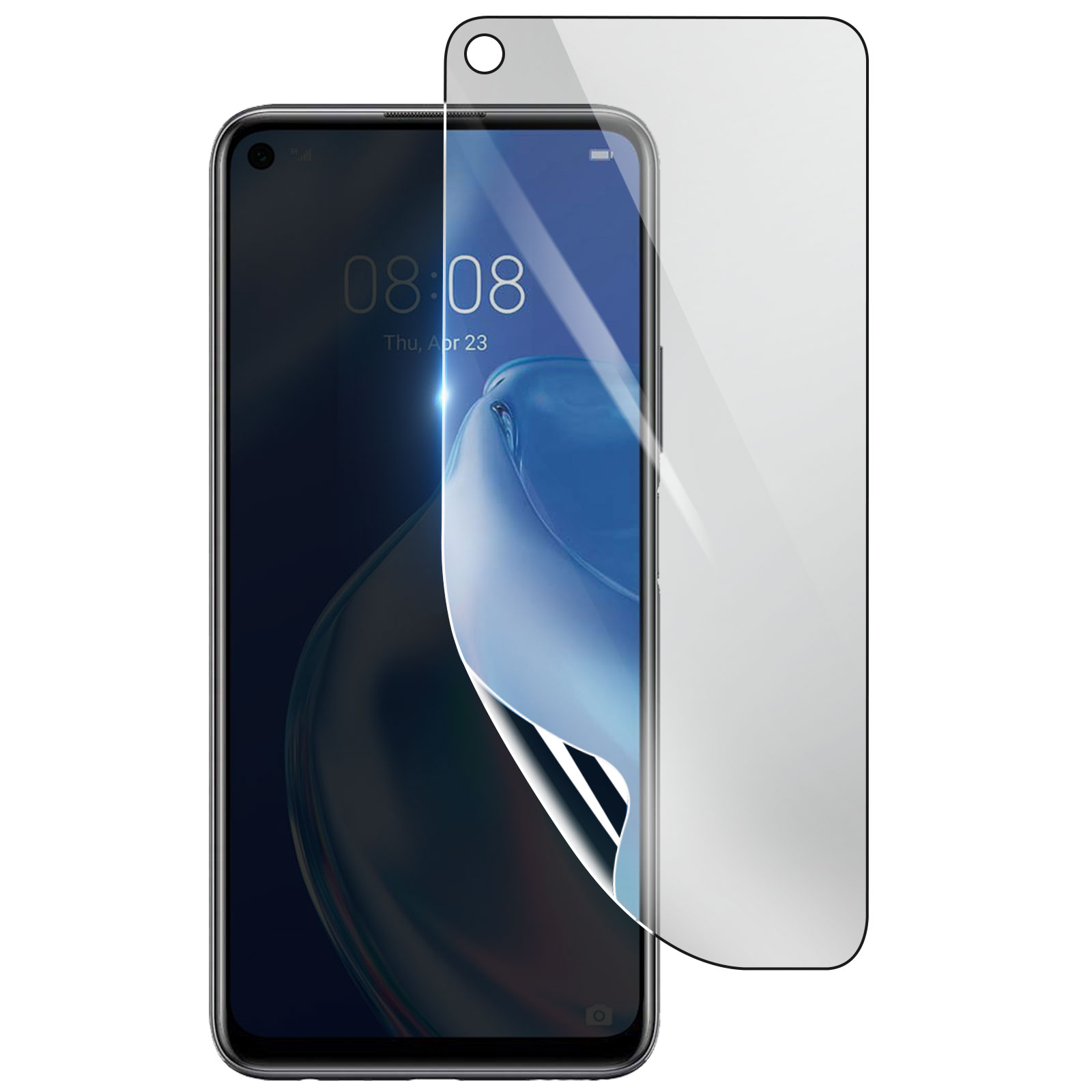Uno smartphone con protezione schermo. Il telefono mostra l'ora. La protezione è parzialmente staccata, mostrando lo schermo.