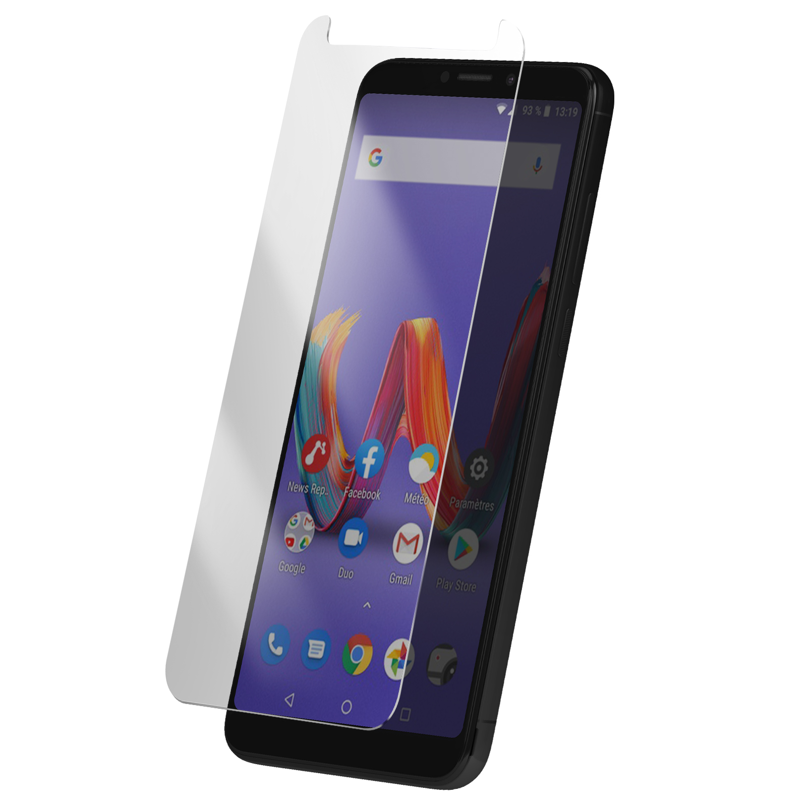 Uno smartphone nero con una protezione per lo schermo che mostra le icone delle app. Lo schermo mostra un design astratto colorato.