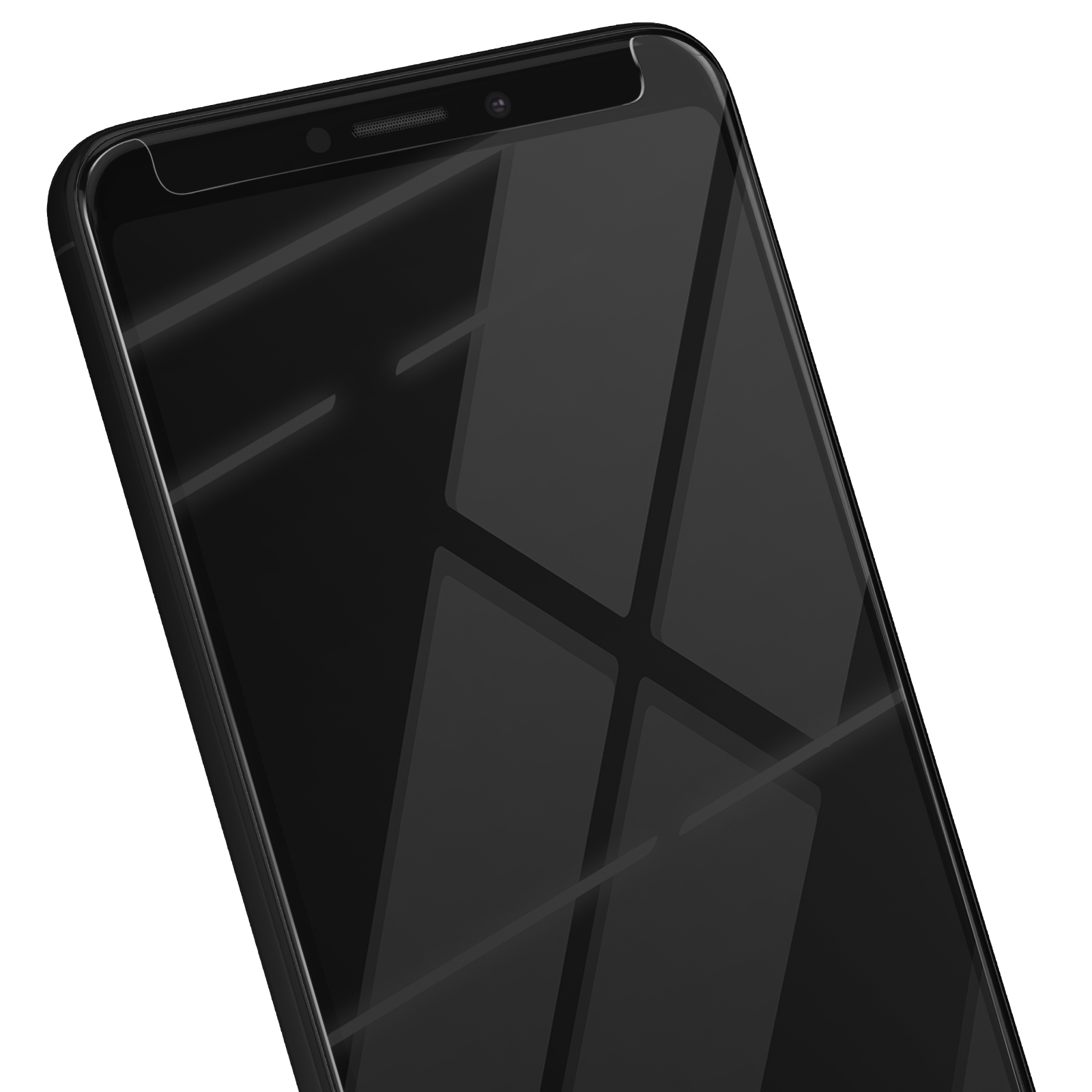 Primo piano di uno smartphone nero, angolato su sfondo bianco. Lo schermo riflette la luce, la fotocamera è visibile.