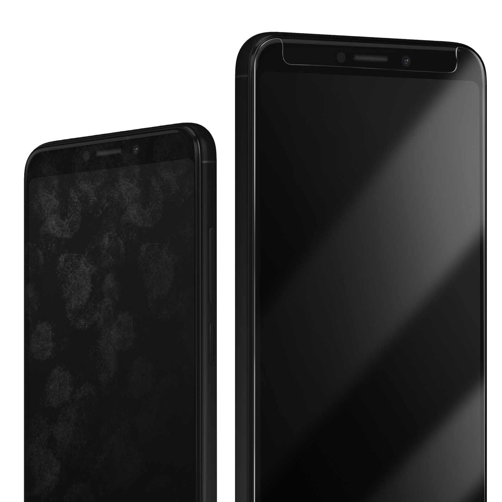 Due smartphone neri. Uno ha impronte digitali sullo schermo, l'altro è pulito. Entrambi su sfondo bianco.