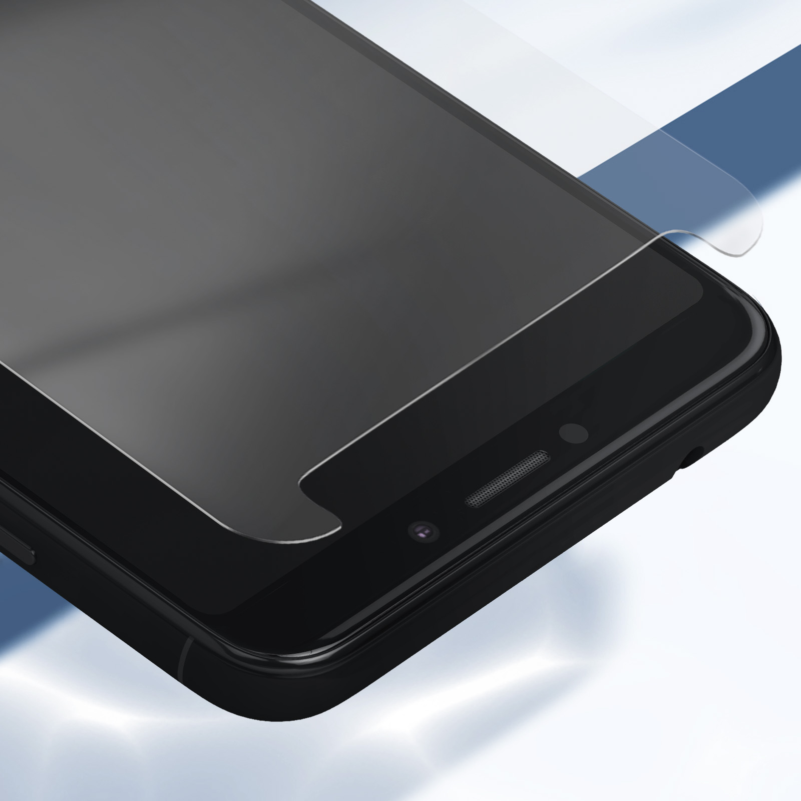 Uno smartphone nero con una protezione per lo schermo applicata. Il telefono è angolato, mostrando lo schermo, la fotocamera e l'altoparlante.