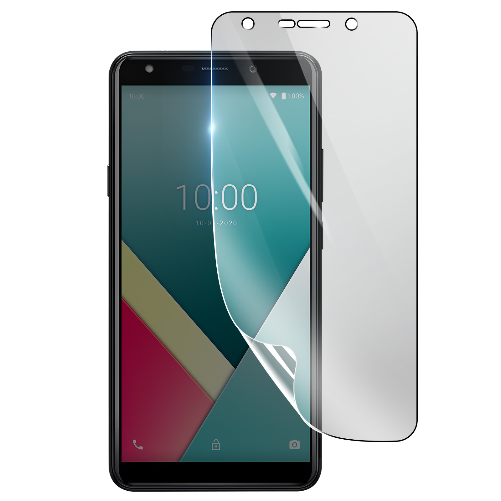 Uno smartphone con protezione schermo. Lo schermo mostra ora, data e batteria. La protezione è parzialmente staccata.
