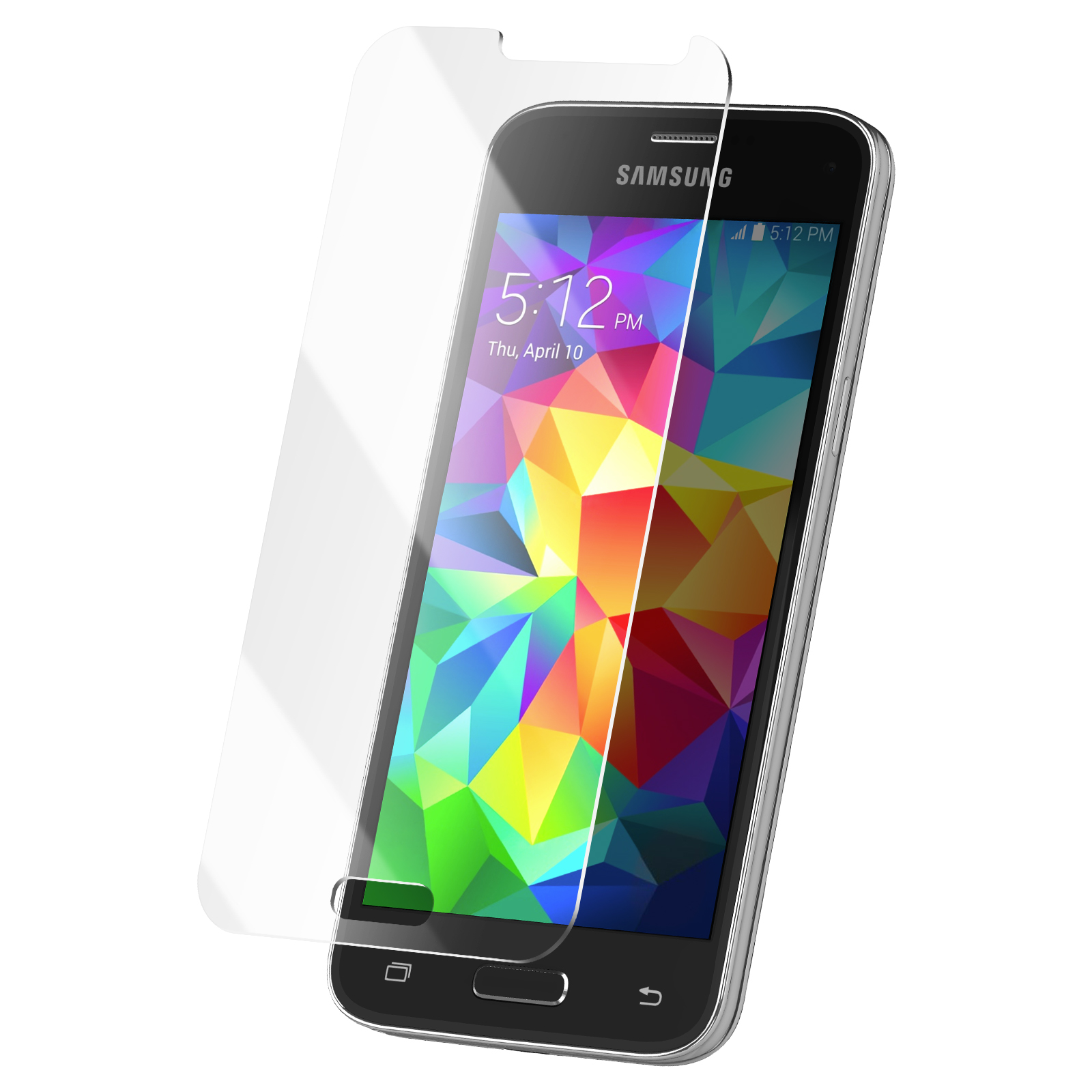 Uno smartphone con protezione schermo. Il telefono mostra l'ora e un motivo geometrico colorato sullo schermo.