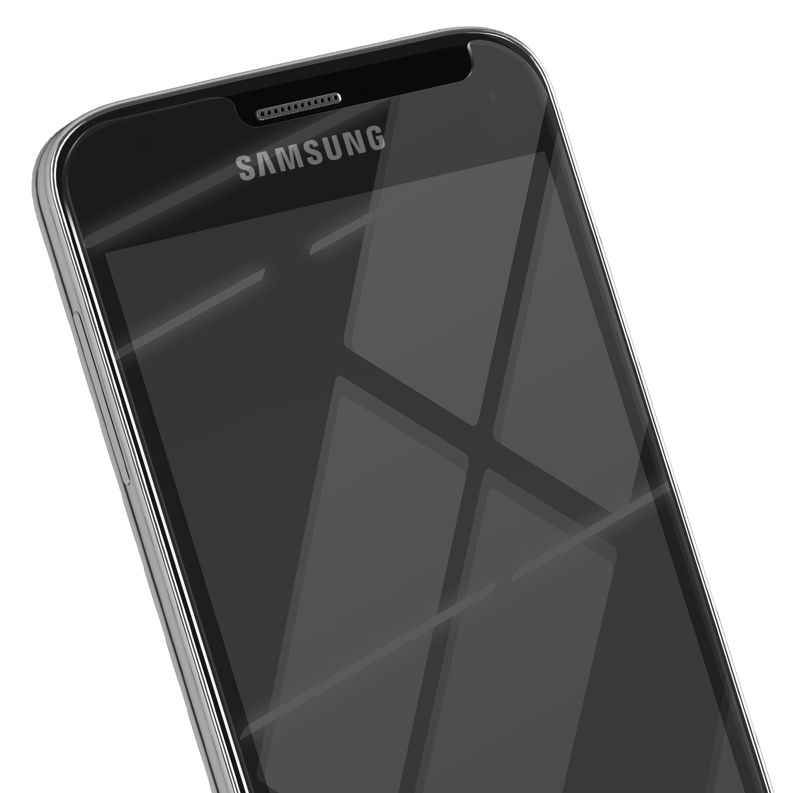 Primo piano di uno smartphone Samsung nero. Lo schermo è riflettente e mostra la luce. Il marchio è visibile.
