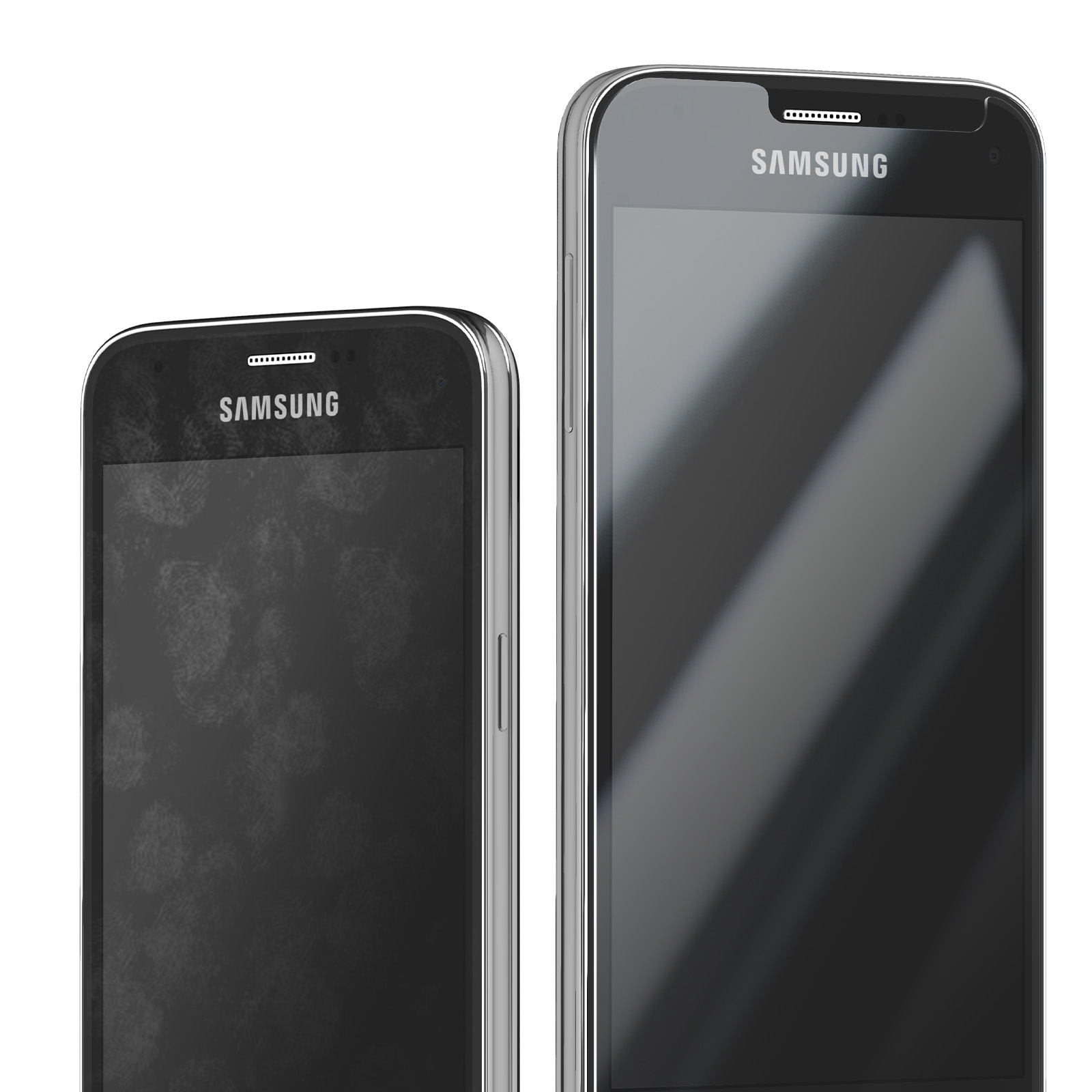 Due smartphone Samsung, uno più piccolo con impronte digitali visibili e uno più alto e pulito, entrambi con il logo Samsung.