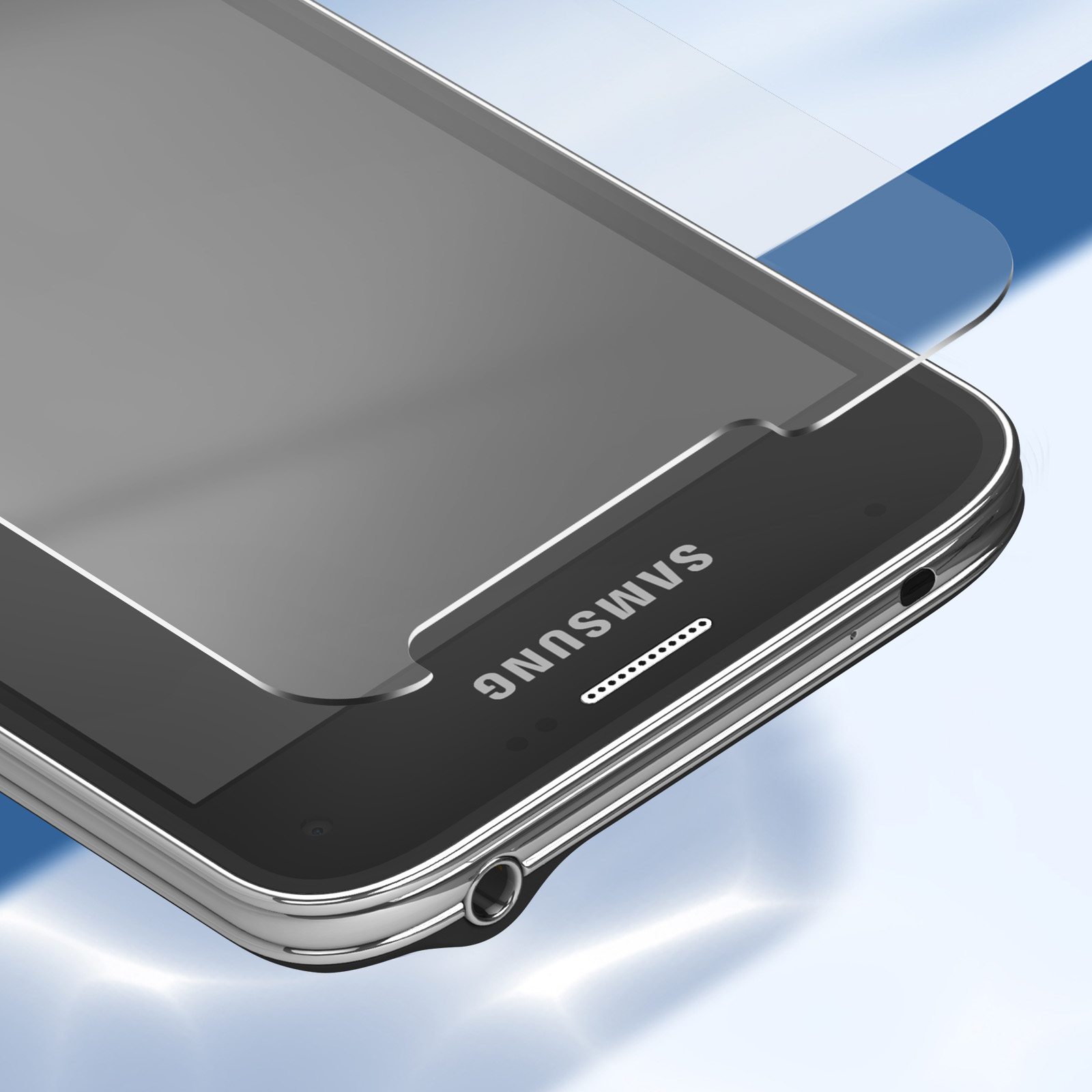 Un telefono Samsung con una protezione per lo schermo applicata. Il telefono è nero con finiture argentate. Lo sfondo è blu sfumato.
