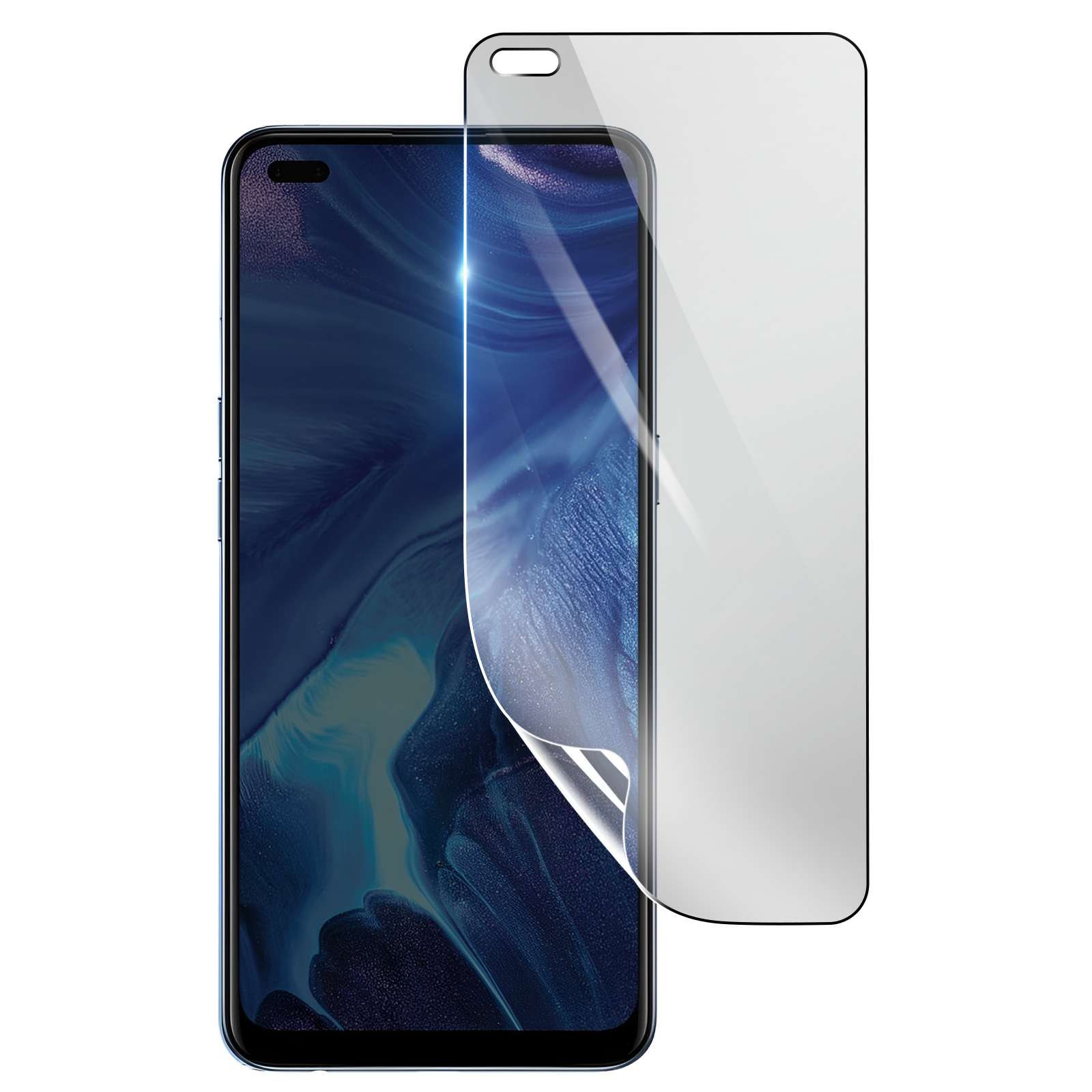Uno smartphone con una protezione per lo schermo in fase di applicazione. Il telefono è blu e lo schermo mostra un motivo blu e viola.