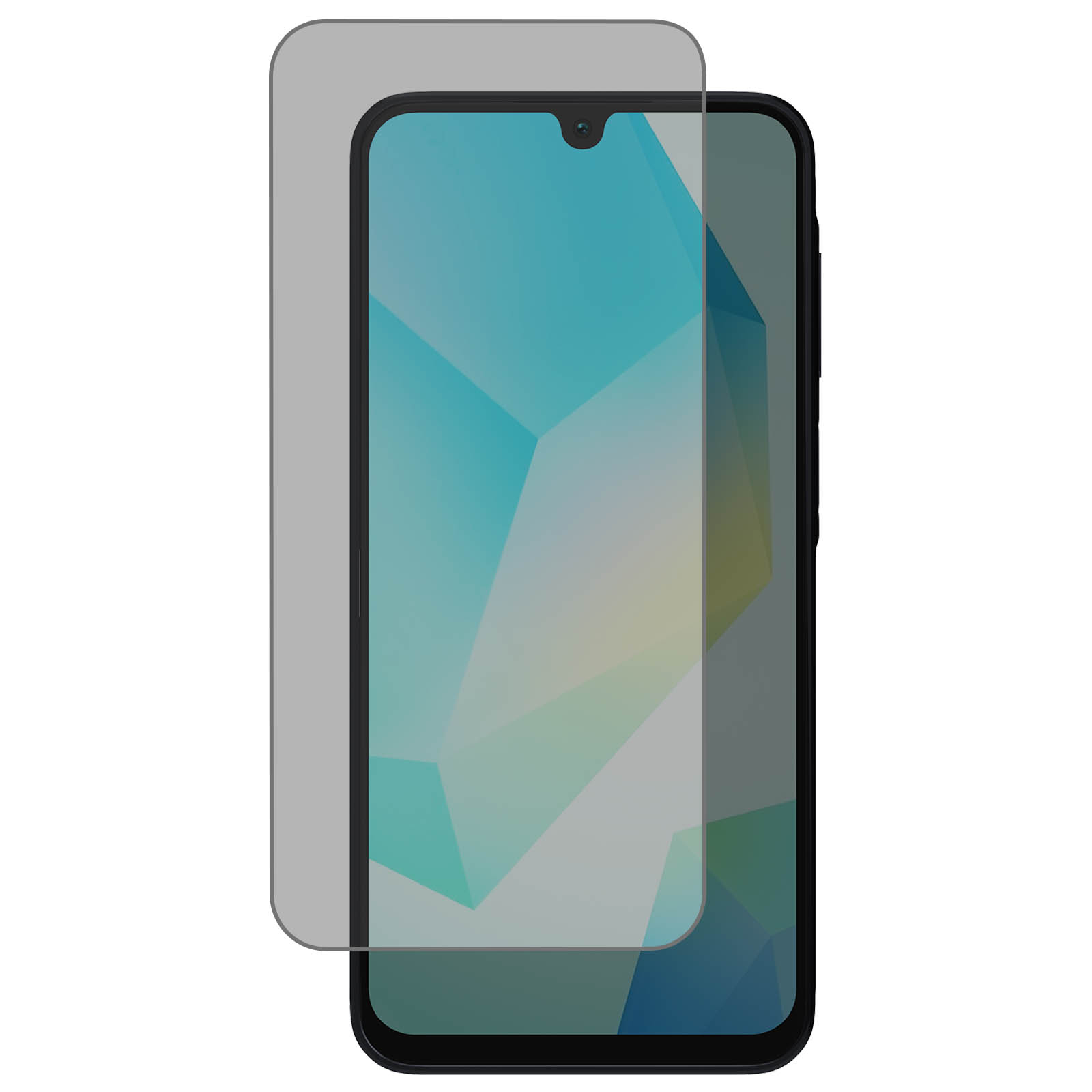 Uno smartphone con protezione schermo applicata. Il telefono è nero, lo schermo mostra un motivo geometrico.