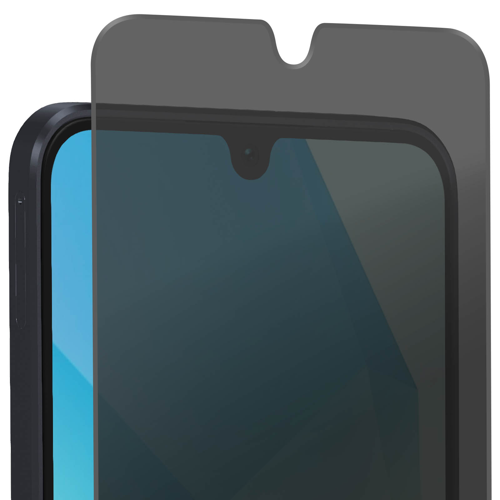 Uno smartphone con una protezione per lo schermo applicata. La protezione è grigia, con un intaglio per la fotocamera. Il telefono ha una cornice nera.