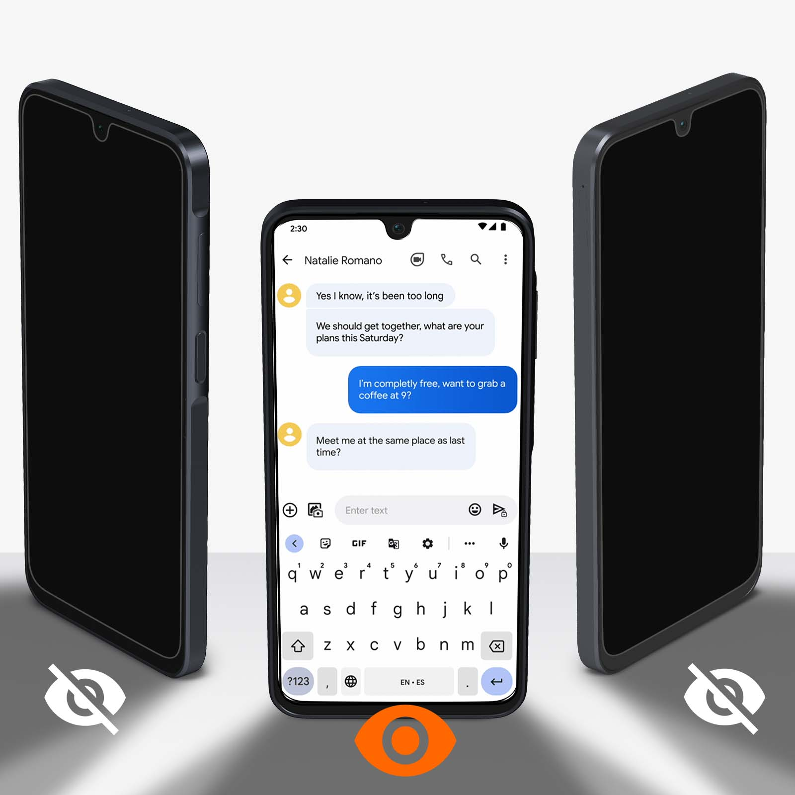 Tre smartphone: al centro una chat, affiancata da due schermi vuoti. Icona occhio con linea sotto.