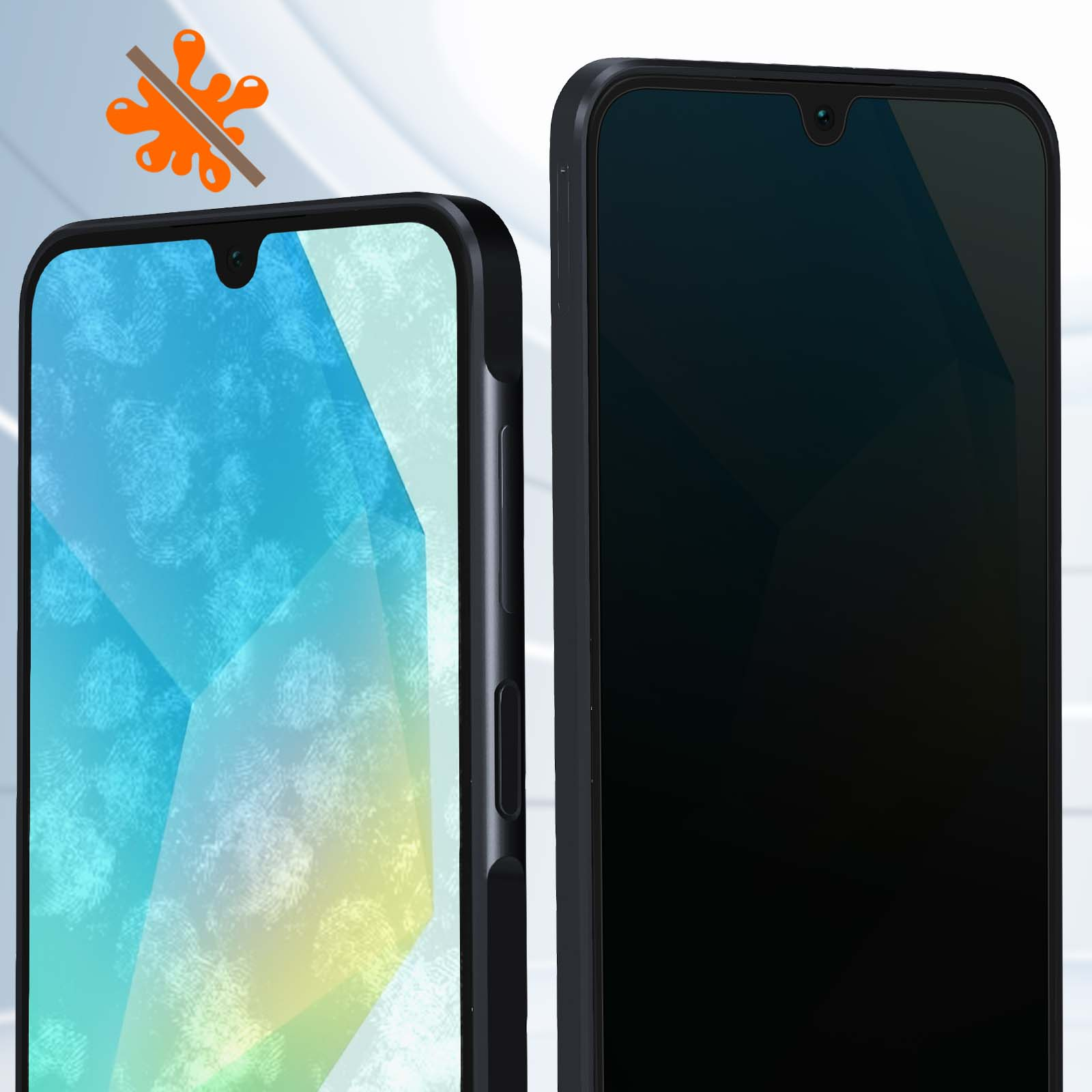 Due smartphone uno accanto all'altro, uno con schermo a motivi, l'altro nero. Icona arancione di schizzo sopra.