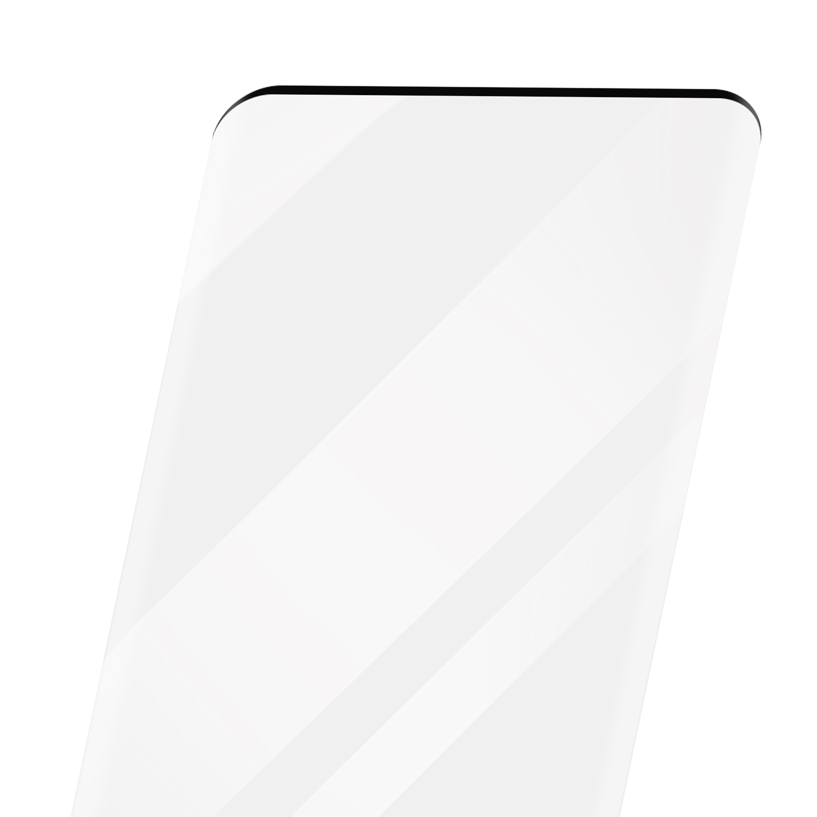 Un oggetto bianco curvo con bordo superiore nero è inclinato su sfondo bianco, creando un design minimalista.