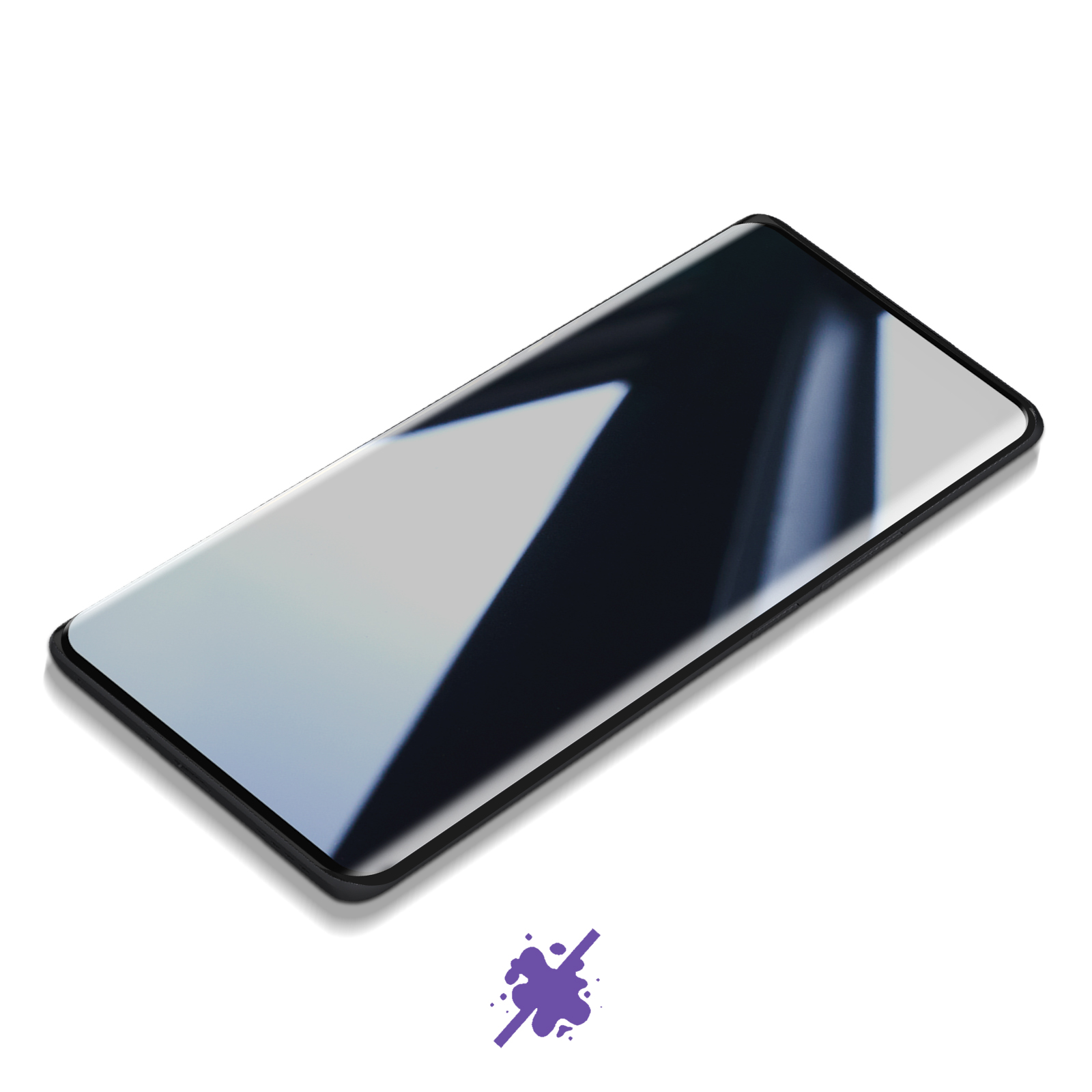 Uno smartphone su una superficie bianca. Lo schermo riflette la luce. Una macchia di inchiostro viola con una linea sotto.