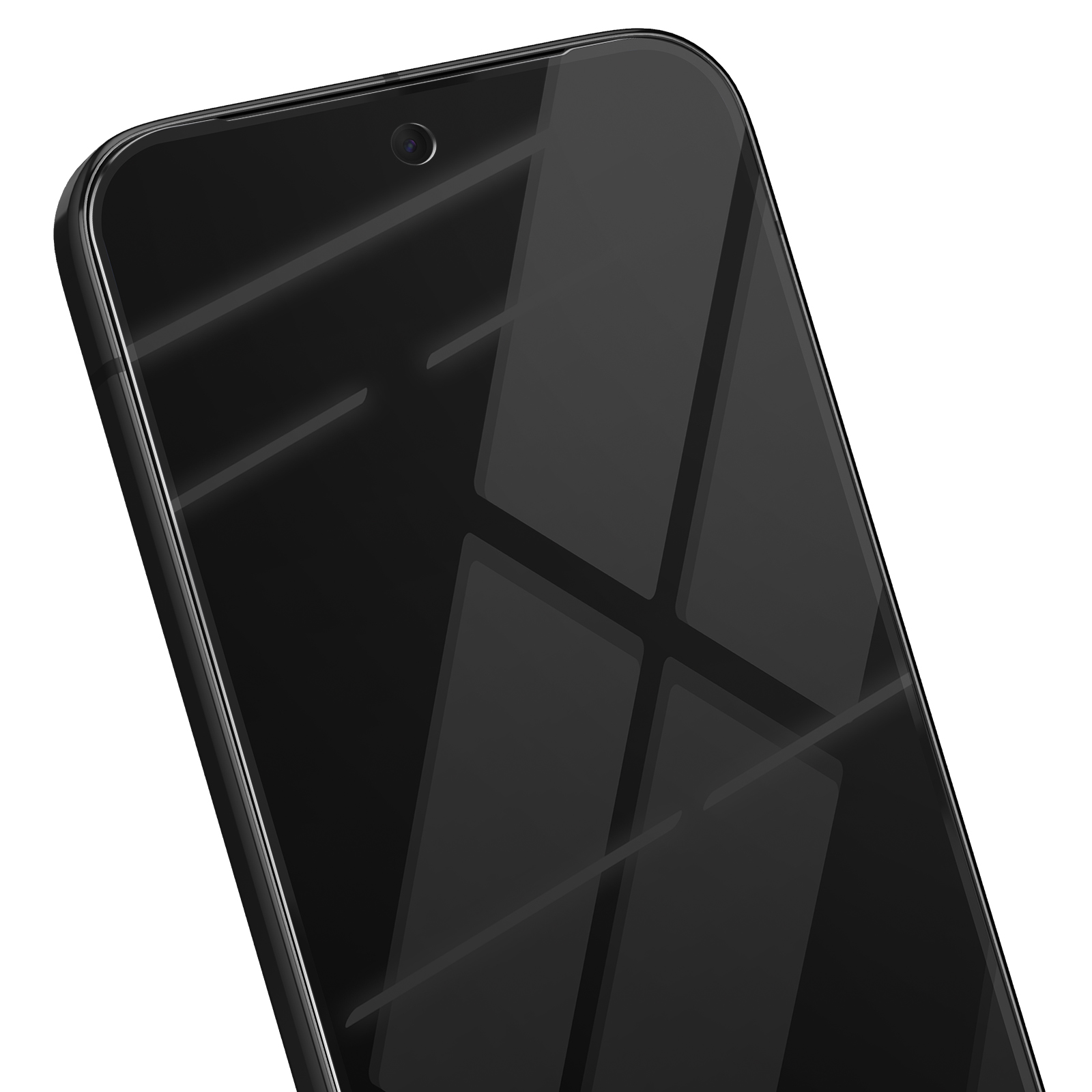 Primo piano di uno smartphone nero. Lo schermo riflette la luce, con una fotocamera visibile in alto. Sfondo bianco.