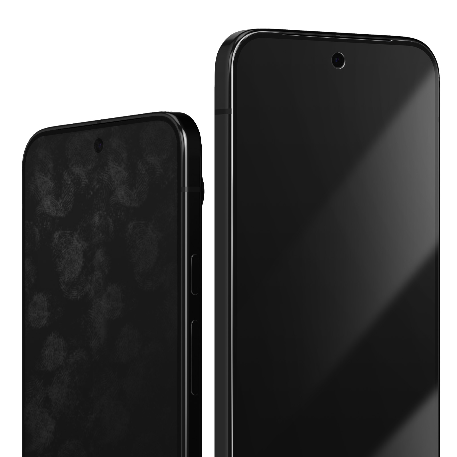 Due smartphone neri, uno con impronte digitali. Entrambi hanno lenti della fotocamera in alto.