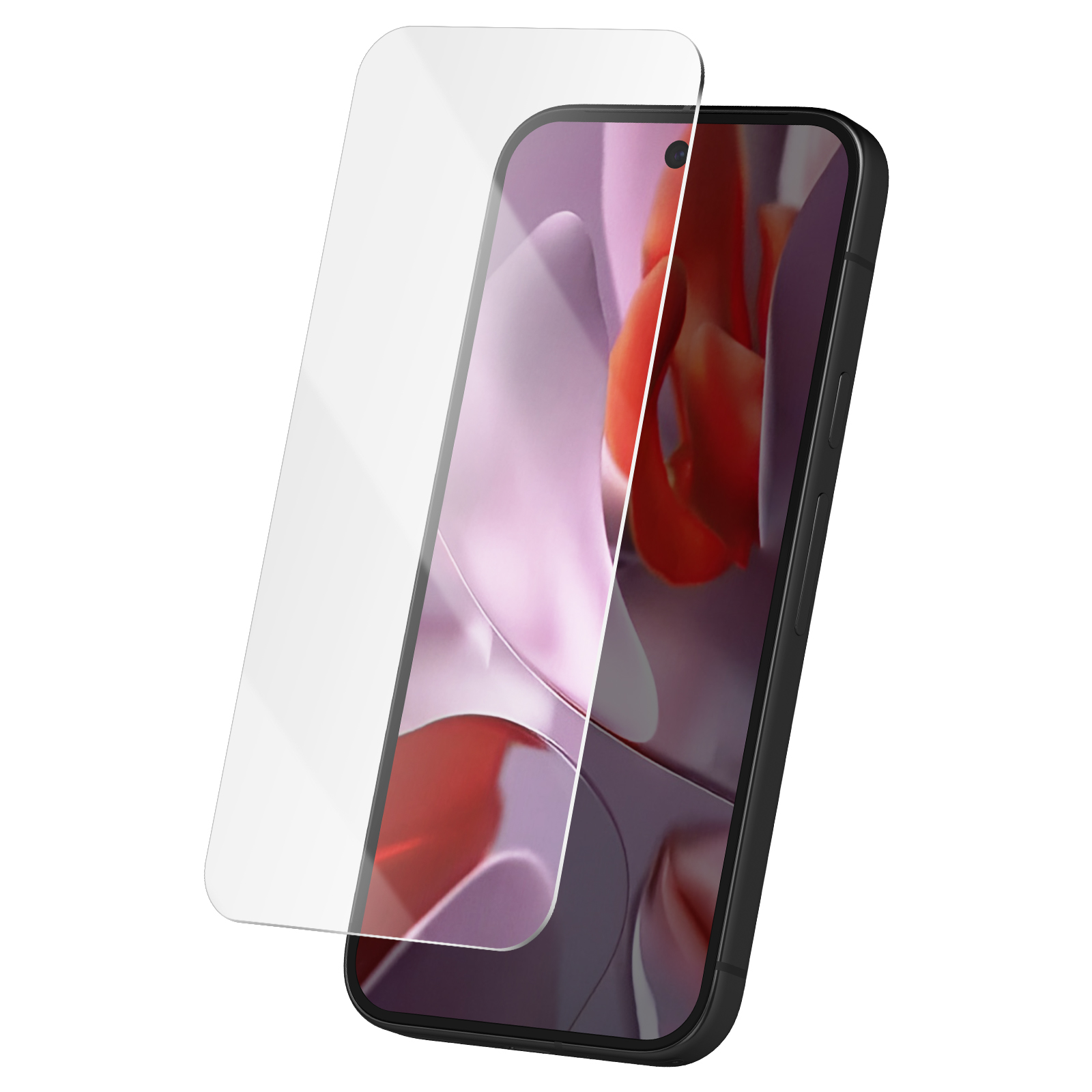 Uno smartphone con protezione schermo sovrapposta. Lo schermo mostra forme astratte rosse e viola. Cornice del telefono nera. Sfondo bianco.