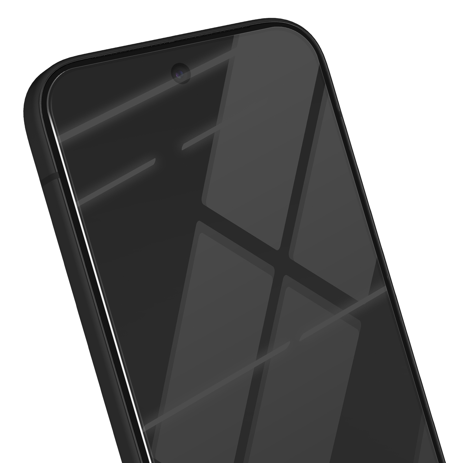 Primo piano di uno smartphone nero. Lo schermo riflette la luce, la cornice è nera e lo sfondo è bianco.