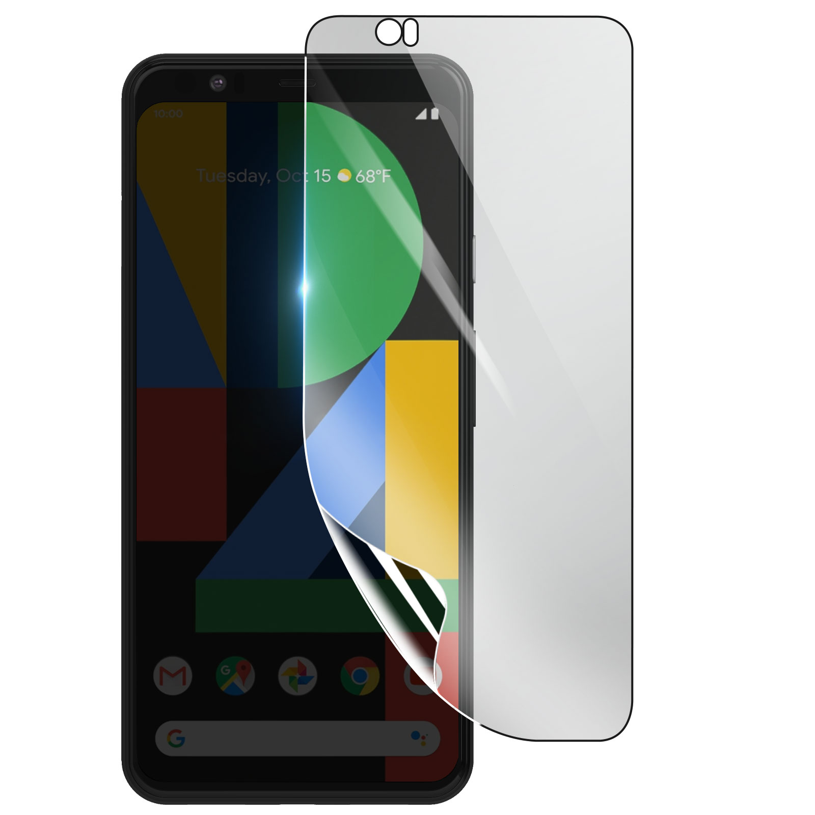 Uno smartphone nero con una protezione per lo schermo in fase di applicazione. Lo schermo mostra forme colorate e la data.