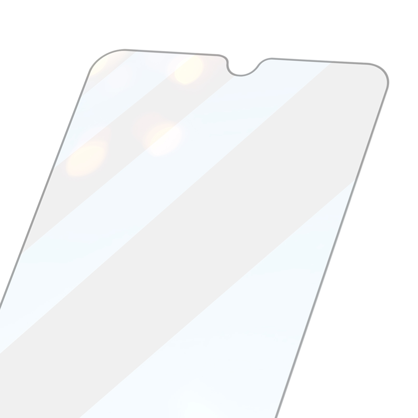 Un proteggi schermo per telefono. È trasparente con un bordo grigio. Lo sfondo è bianco con luce sfocata.