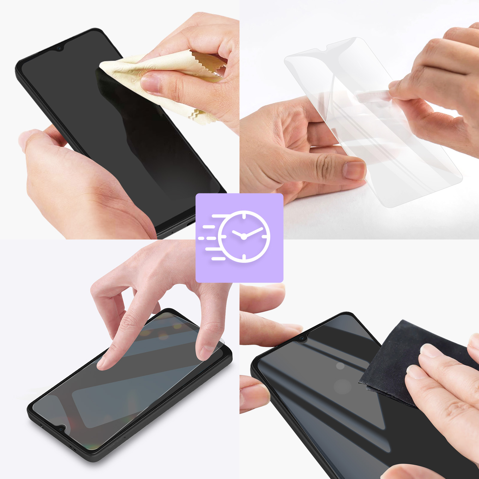 Mani che applicano una protezione schermo a uno smartphone. Fasi: pulizia, rimozione, allineamento e lisciatura.