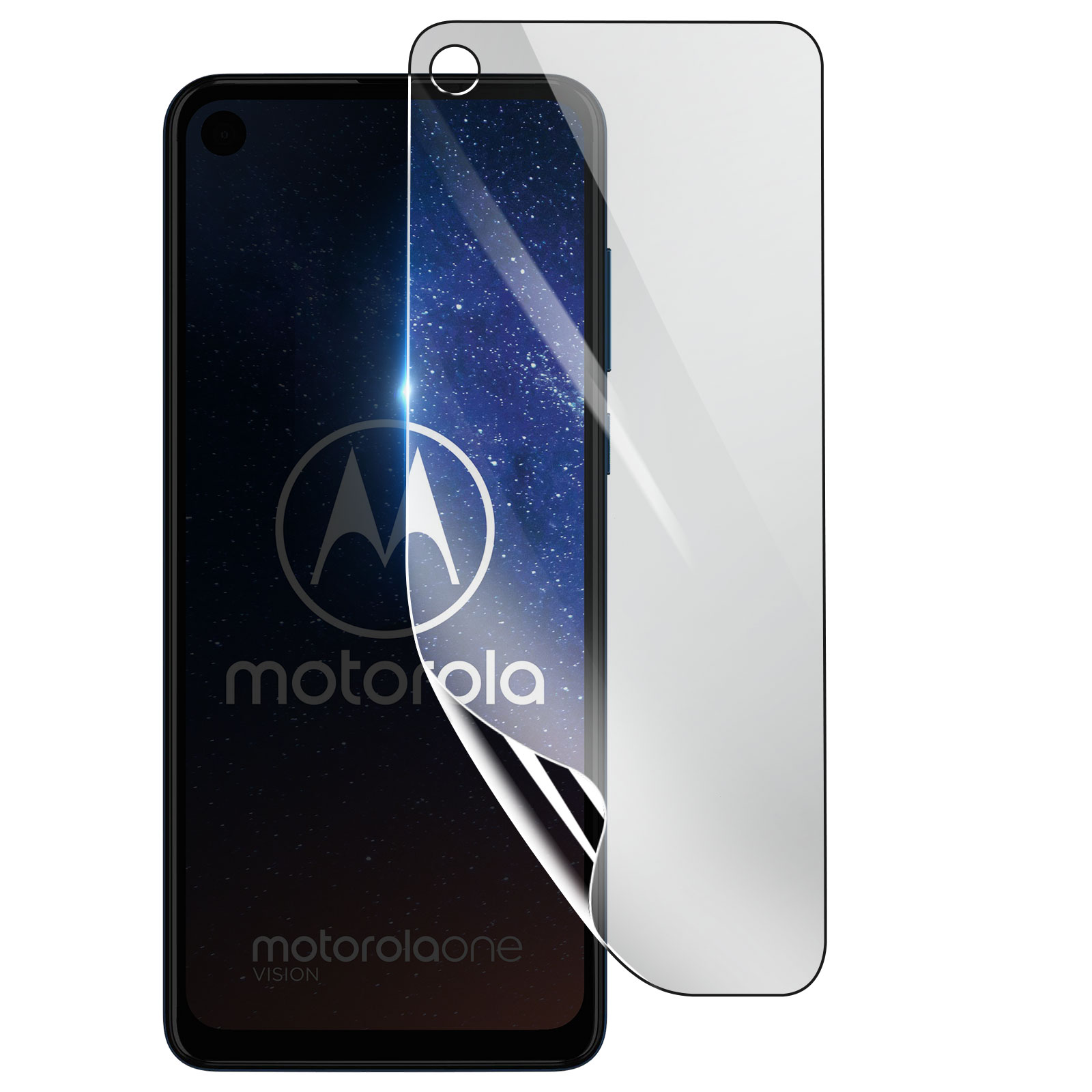 Un telefono Motorola con una protezione per lo schermo applicata. Lo schermo mostra un cielo stellato. La protezione è parzialmente staccata.