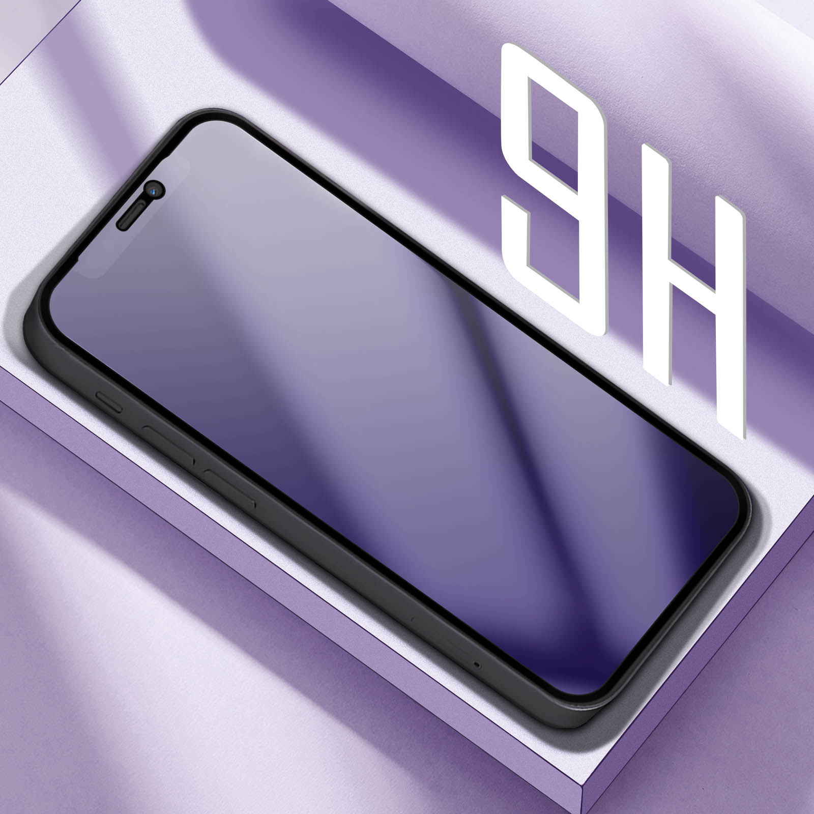Uno smartphone nero con schermo viola è su una superficie viola. Testo bianco '9H' sullo sfondo.