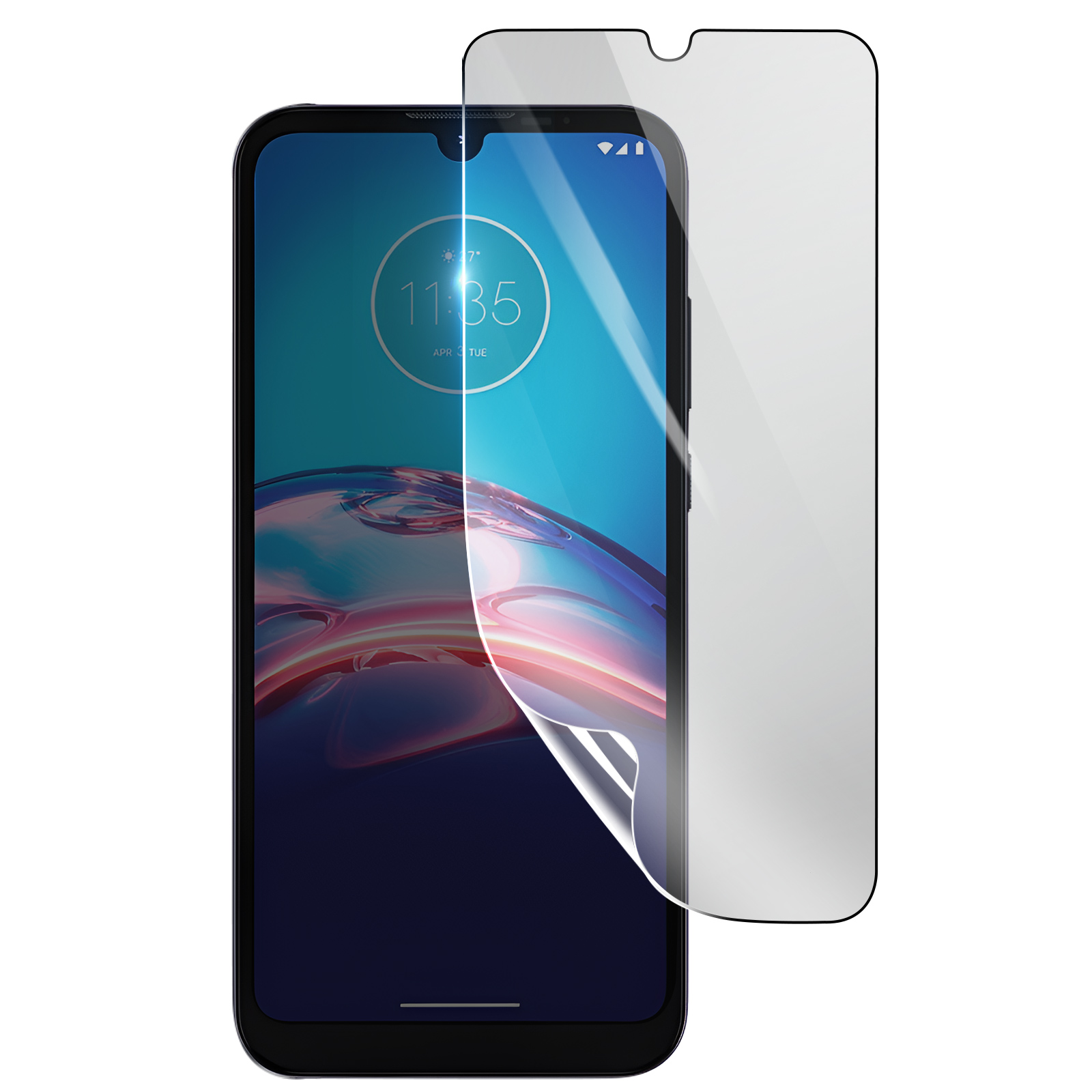 Uno smartphone con una protezione per lo schermo applicata. Lo schermo mostra l'ora e la data. La protezione è parzialmente staccata.