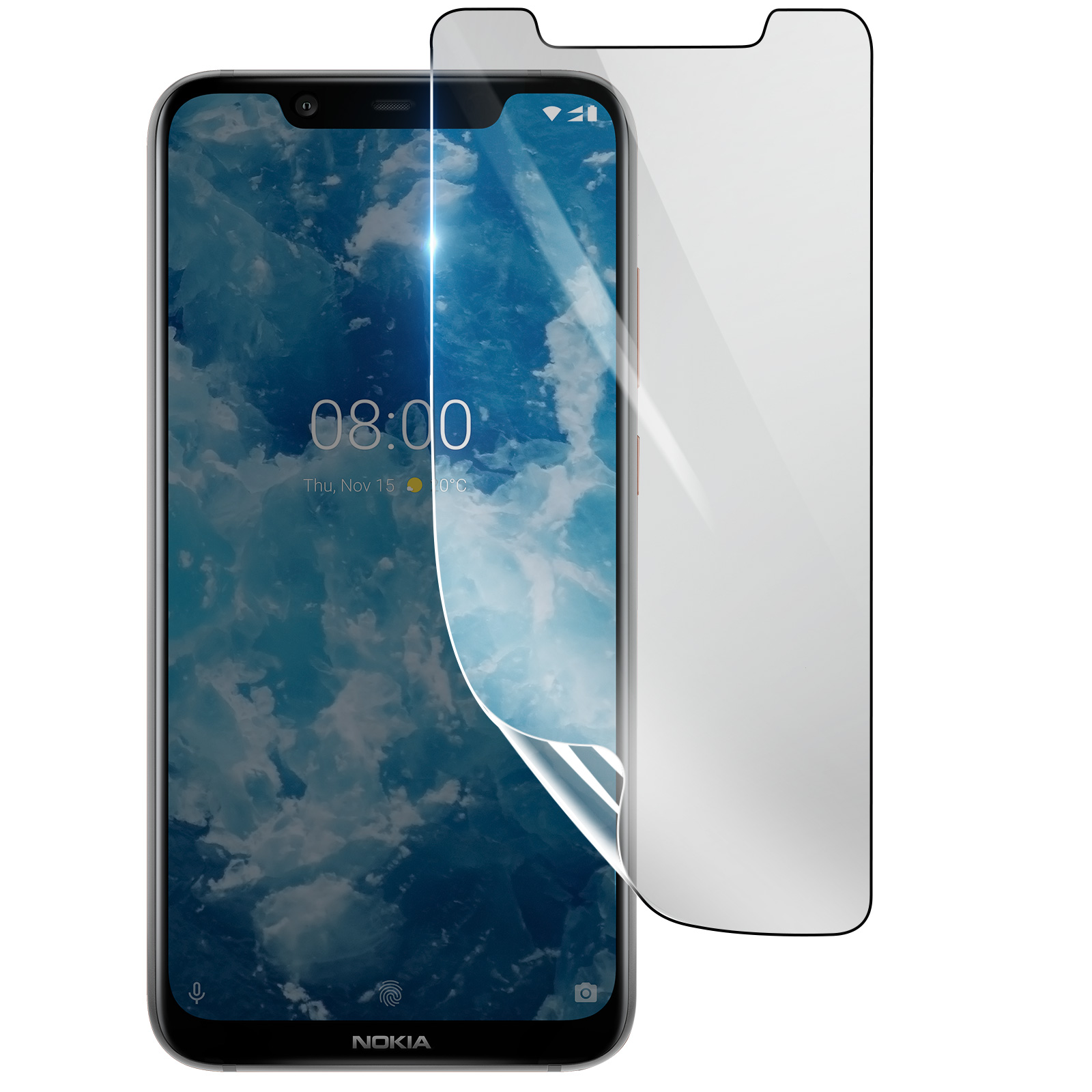 Uno smartphone con protezione schermo applicata. Lo schermo mostra l'ora, la data e uno sfondo nuvoloso. La protezione si stacca.