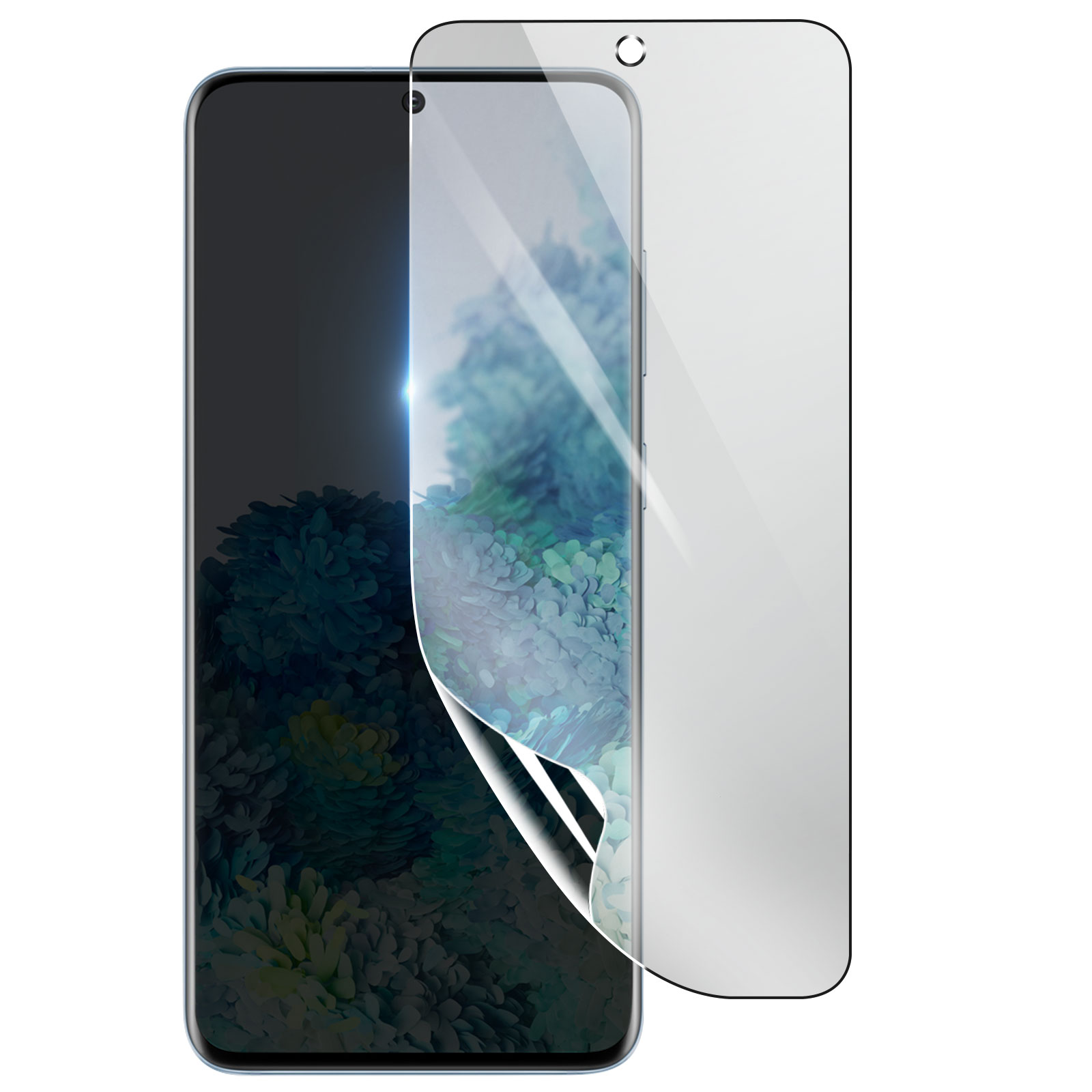 Uno smartphone con una protezione per lo schermo applicata. Lo schermo del telefono mostra un'immagine floreale sfocata. Una protezione trasparente è parzialmente staccata.