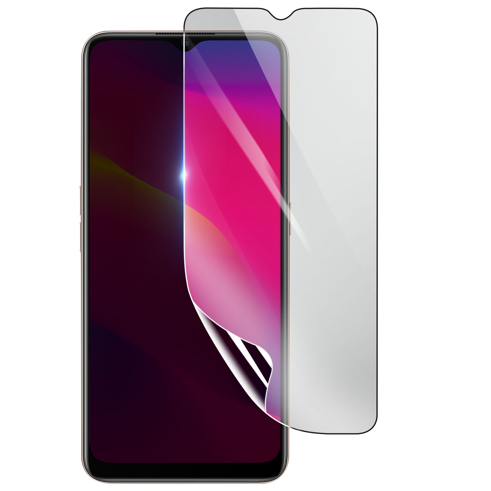 Smartphone con protezione schermo. Il telefono è nero con schermo curvo. La protezione è trasparente e parzialmente staccata.