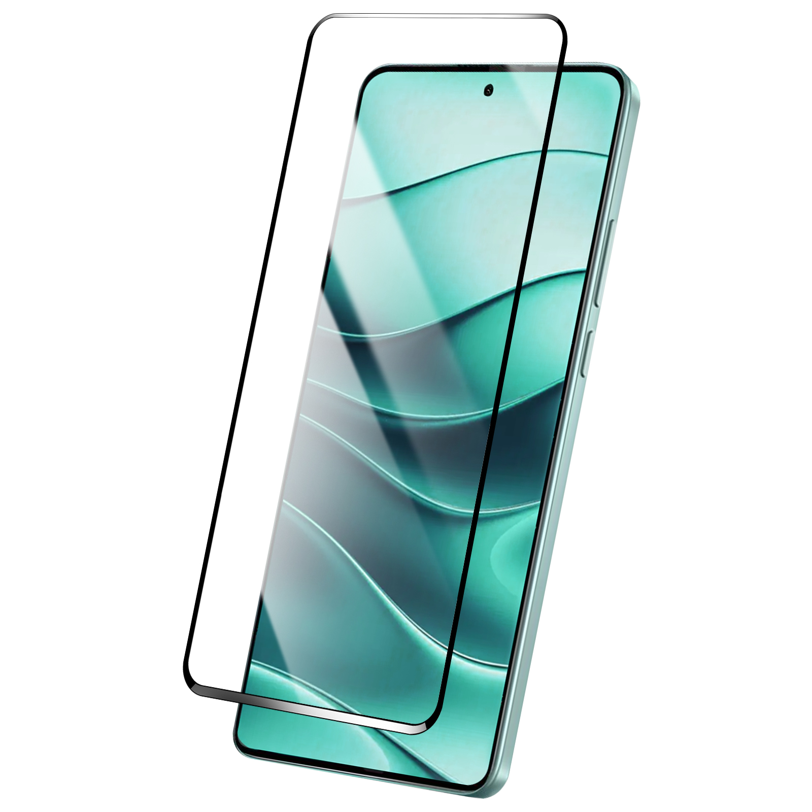 Uno smartphone con protezione schermo. Il telefono è verde acqua, la protezione è trasparente. Lo sfondo è bianco.