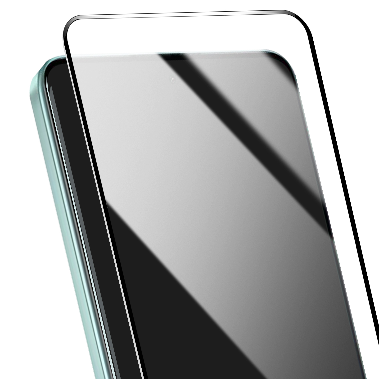 Uno smartphone con una protezione per lo schermo applicata. Il telefono è verde menta. La protezione è trasparente e riflettente.