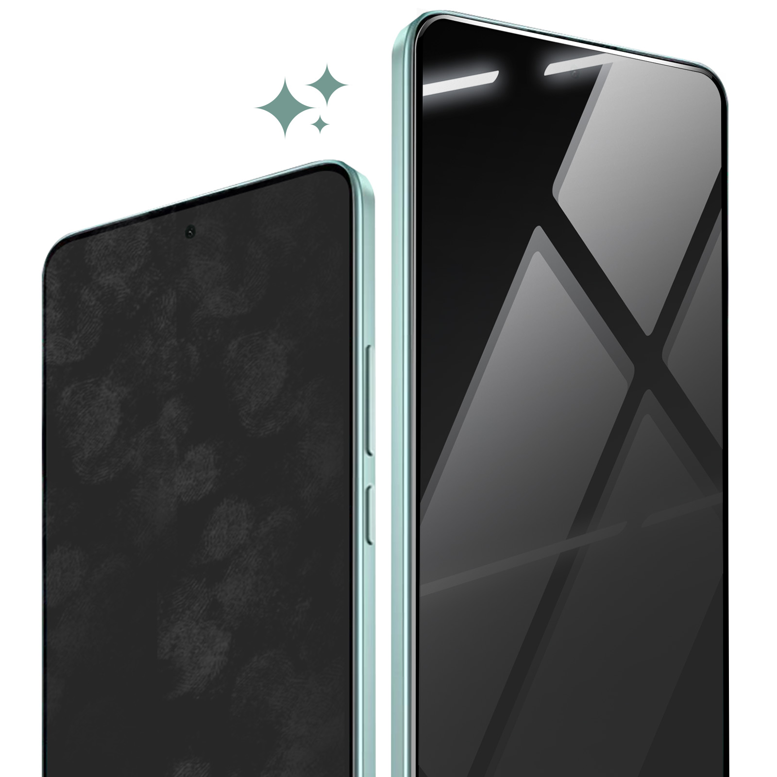 Sono mostrati due smartphone con bordi verdi. Uno ha uno schermo scuro con impronte digitali. L'altro riflette la luce. È presente un'icona di scintilla.