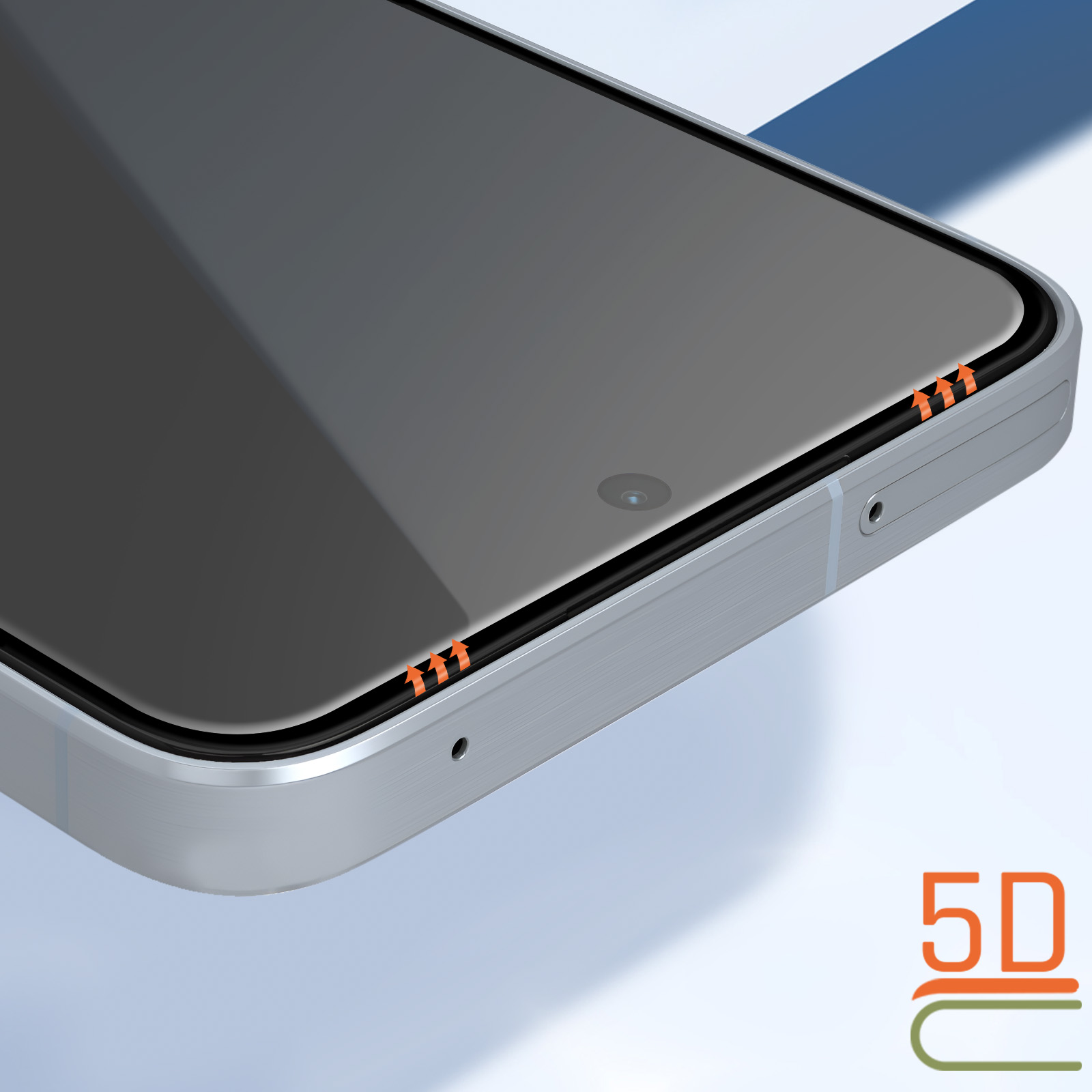 Primo piano di uno schermo di smartphone con protezione. Frecce arancioni indicano i bordi. Lo sfondo è azzurro.