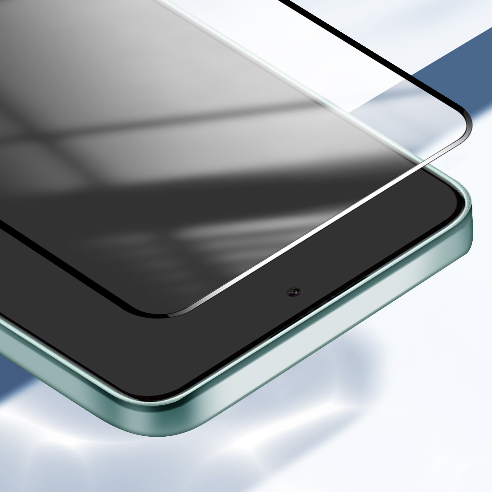 Primo piano di un tablet con una protezione per lo schermo applicata. Il tablet è verde acqua e lo schermo è nero. Lo sfondo è bianco e blu.