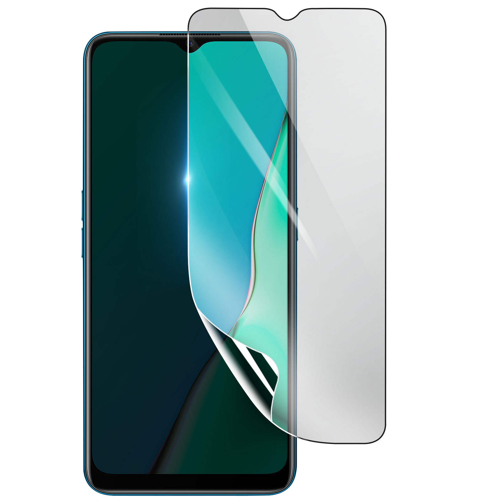 Uno smartphone con una protezione per lo schermo in applicazione. Il telefono è blu, lo schermo è turchese e la protezione è trasparente.