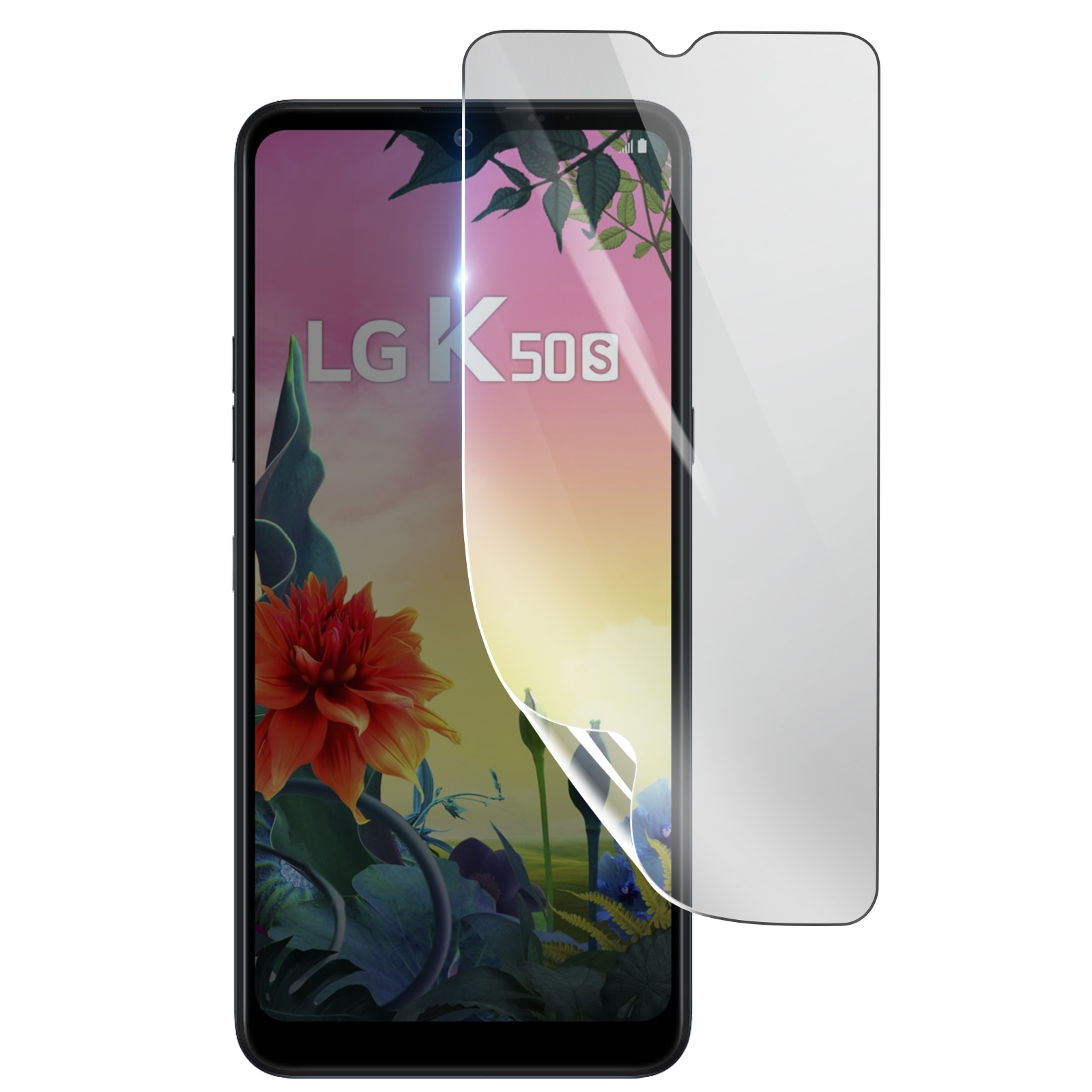 Smartphone LG K50S con protezione schermo applicata. Lo schermo mostra un fiore. La protezione è leggermente staccata.