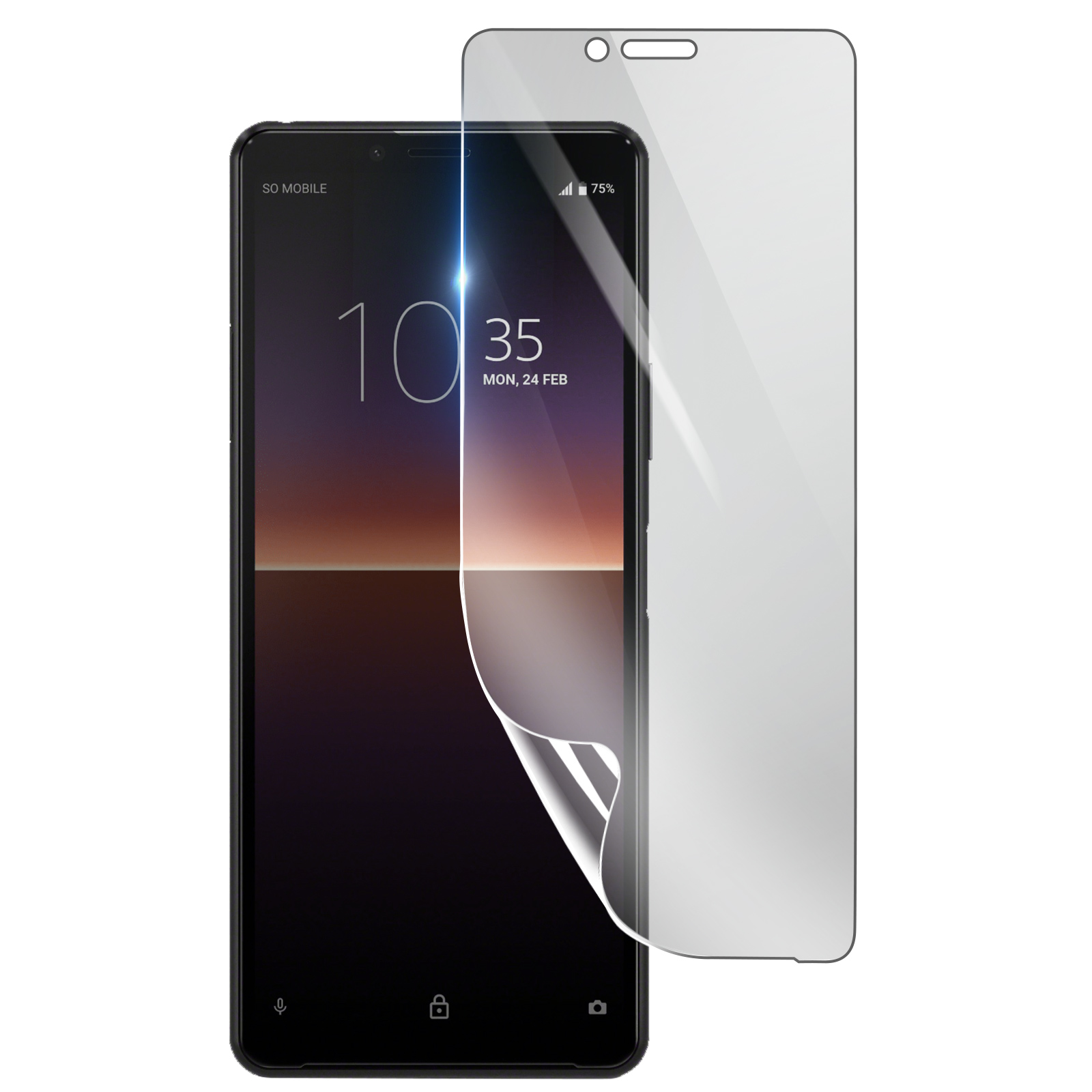 Smartphone nero con protezione schermo. Ora: 10:35, lun 24 feb. Protezione parzialmente staccata.