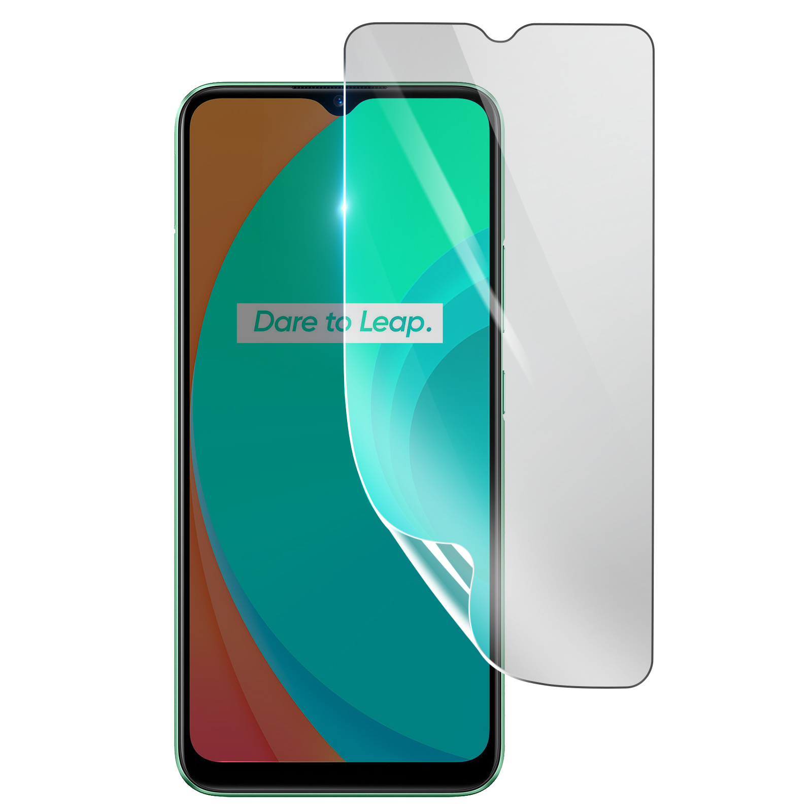 Smartphone con protezione schermo applicata. Il telefono ha una cornice verde, schermo turchese e protezione trasparente parzialmente staccata.