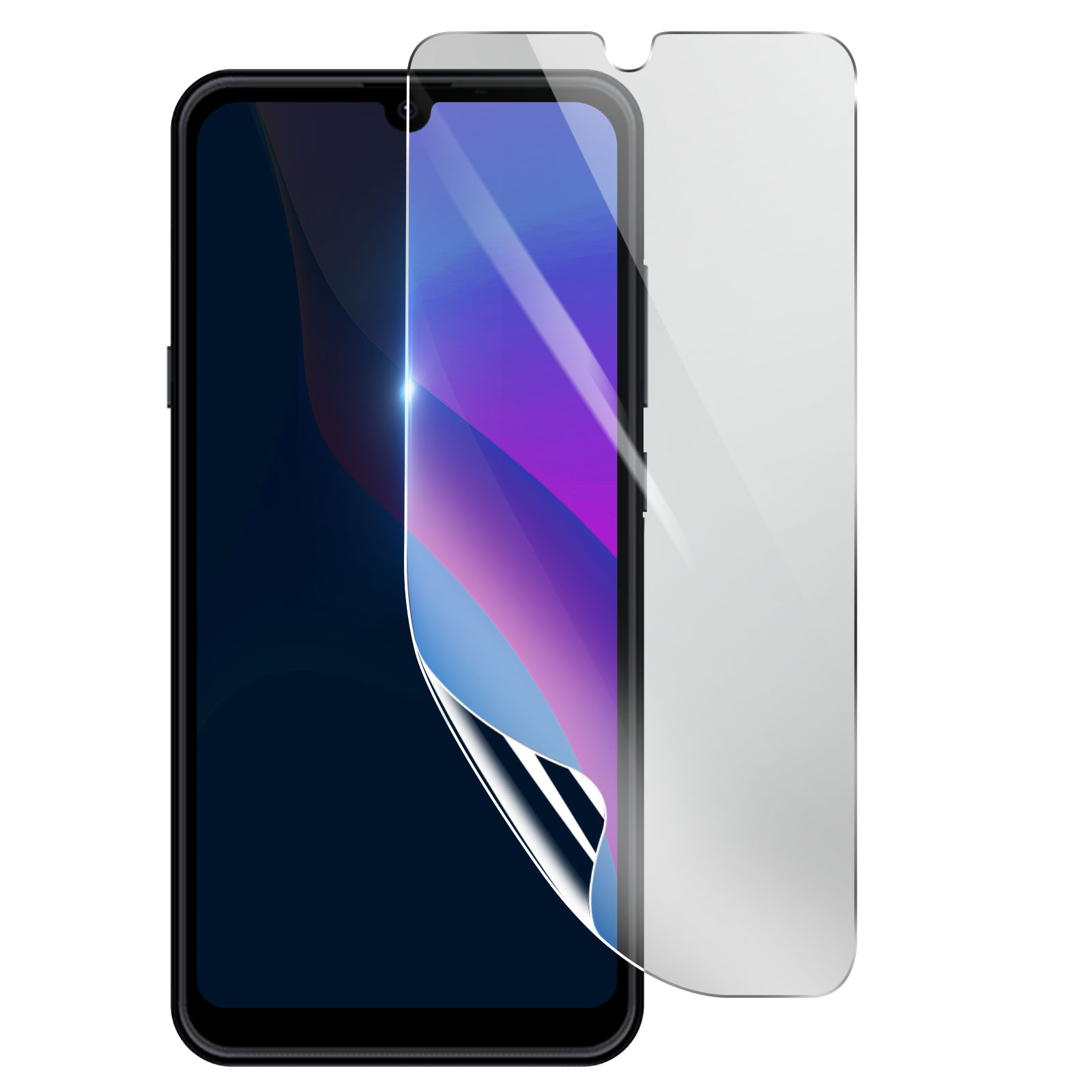 Uno smartphone con una protezione per lo schermo applicata. Lo schermo mostra gradienti viola e blu. La protezione è trasparente.
