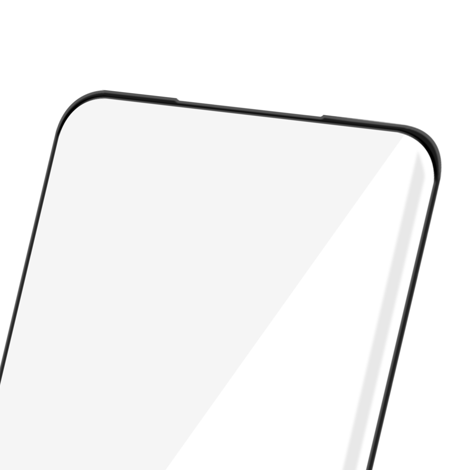 Primo piano di una protezione schermo su uno smartphone. La protezione è trasparente con cornice nera e angoli arrotondati. Sfondo bianco.