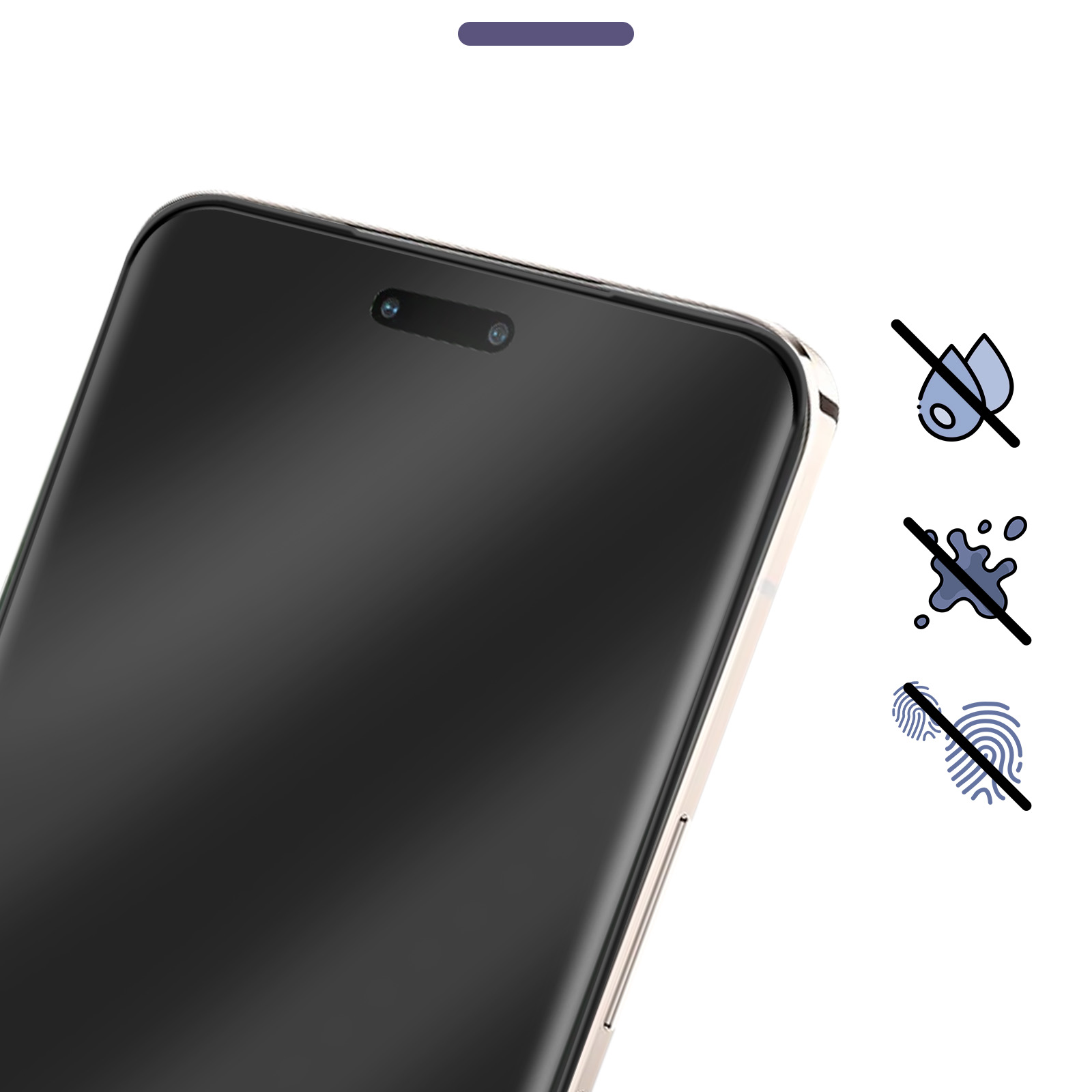 Una protezione per schermo per smartphone. È nera, con una cornice dorata. I simboli indicano resistenza all'acqua, alle macchie e alle impronte digitali.