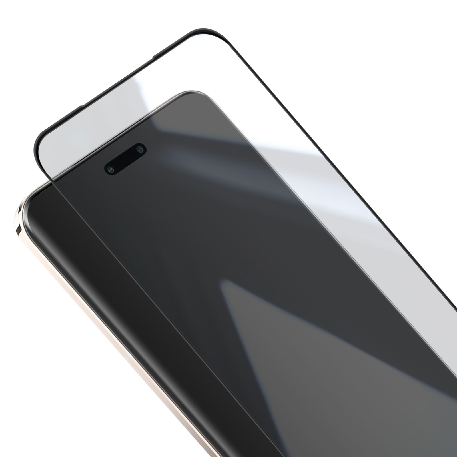 Uno smartphone con protezione schermo su sfondo bianco. Lo schermo è nero, la protezione è trasparente.