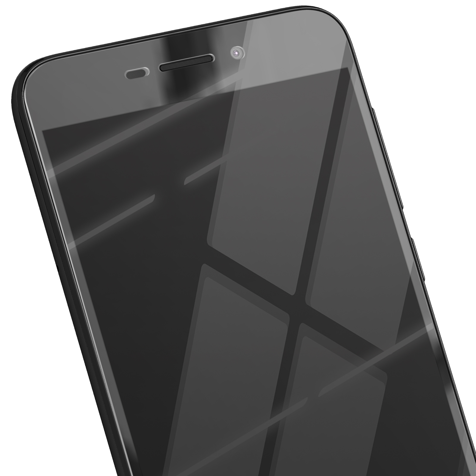 Primo piano di uno smartphone nero, leggermente angolato, con riflessi di luce sullo schermo. Include fotocamera e altoparlante.