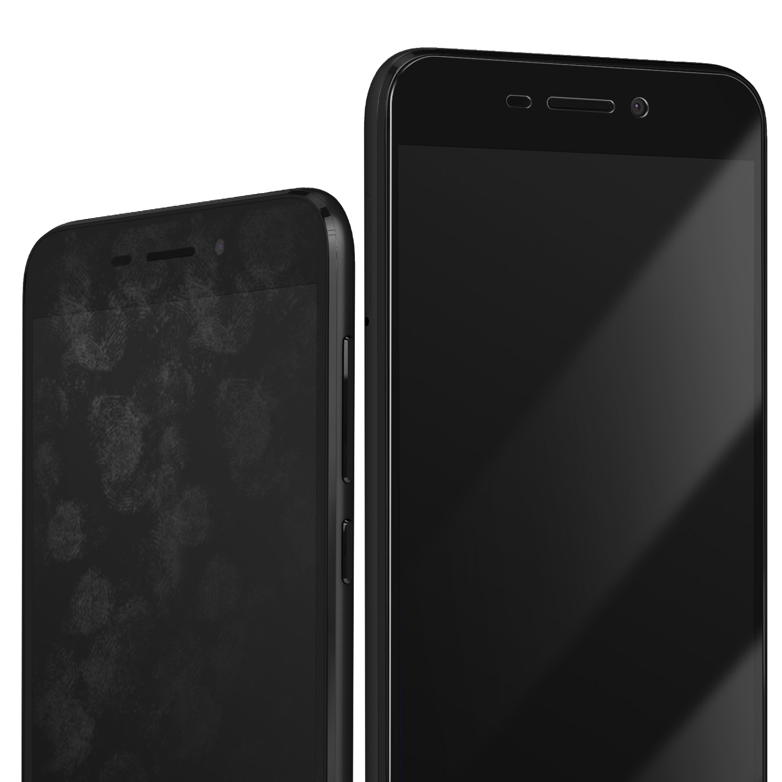 Due smartphone neri su sfondo bianco. Uno mostra impronte digitali, l'altro è pulito. Entrambi hanno fotocamere e pulsanti.