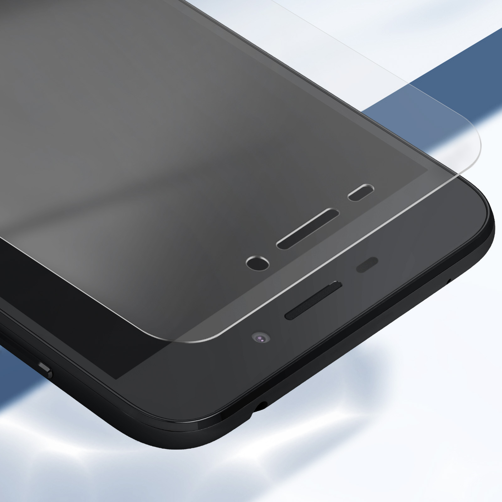 Uno smartphone con una protezione schermo applicata. Il telefono è nero, sfondo bianco con riflessi blu.