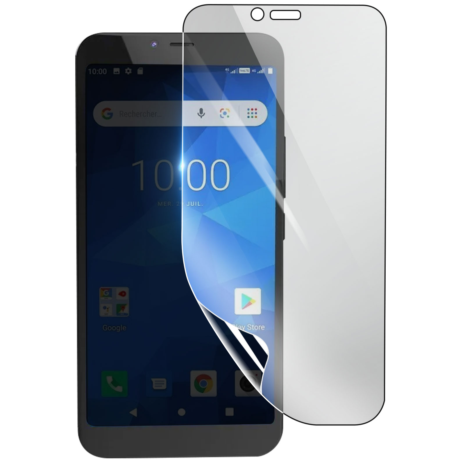 Uno smartphone con una protezione per lo schermo applicata. Lo schermo mostra una schermata iniziale con app e l'ora.