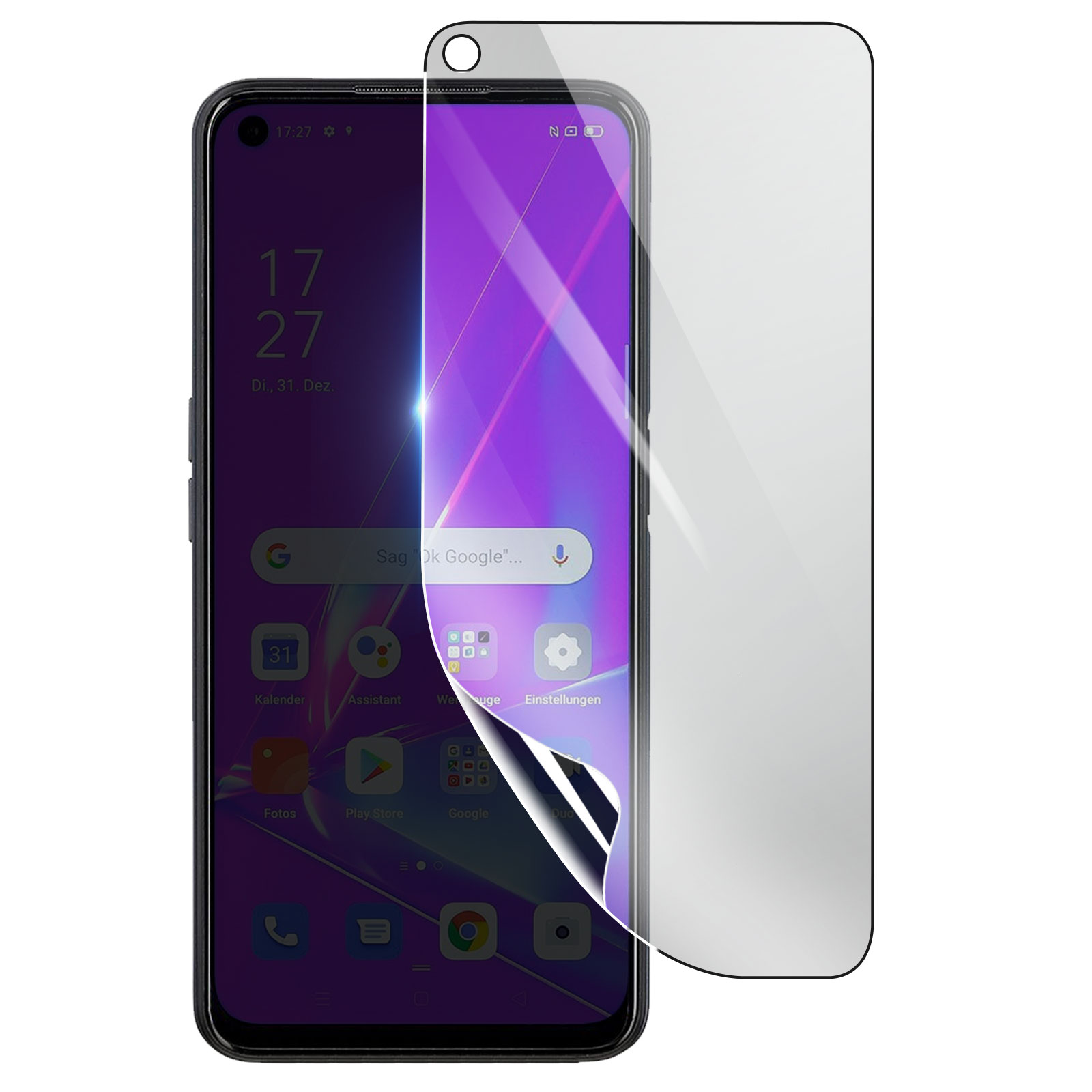 Smartphone con protezione schermo applicata. Lo schermo mostra ora, data e icone delle app. Protezione trasparente a destra.